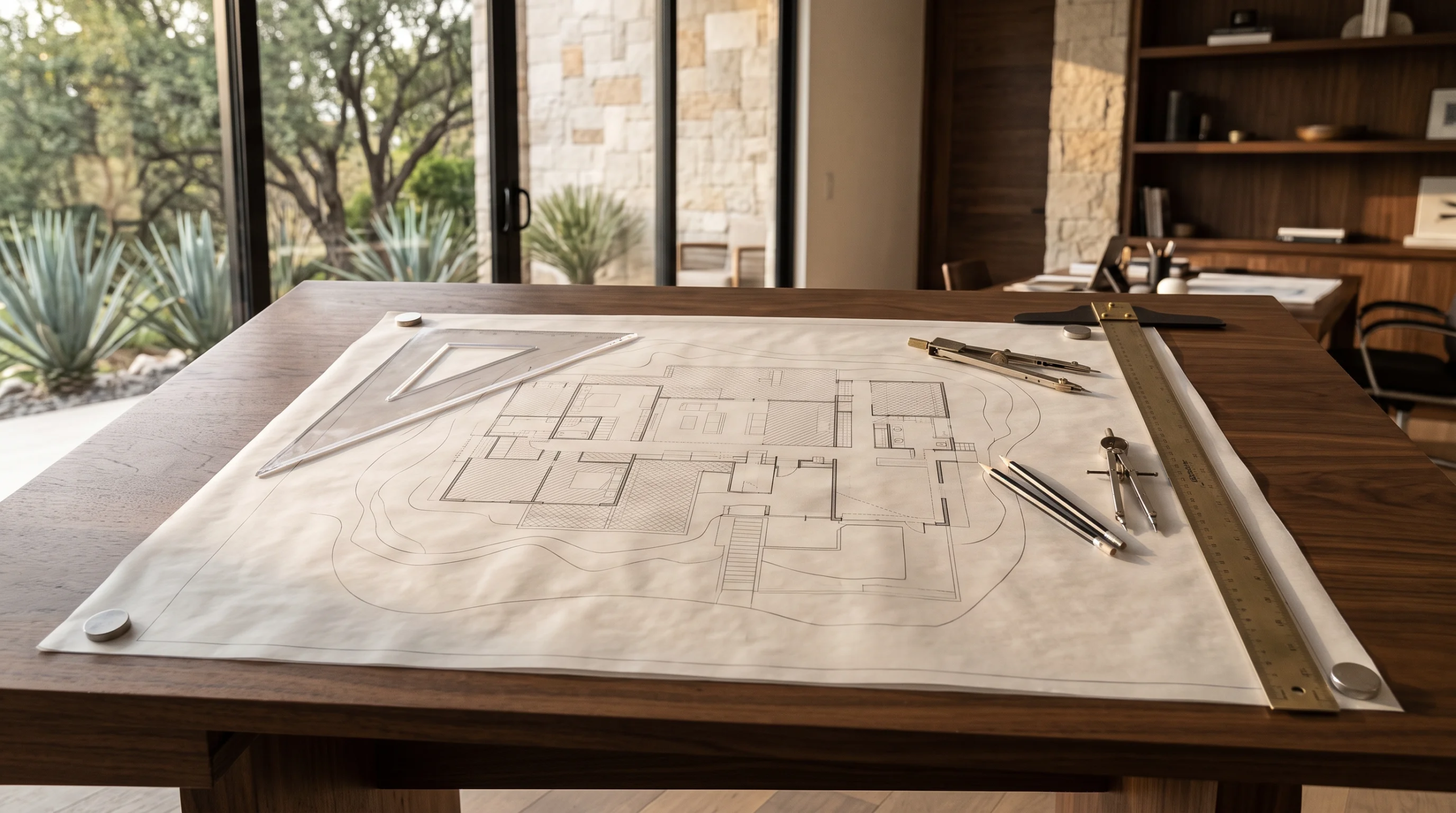 Vista de una configuración de dibujo arquitectónico con un plano detallado del sitio residencial sobre una mesa de madera, equipado con herramientas tradicionales como una escuadra de latón, escalímetro, compás y lápices de dibujo, frente a ventanales de piso a techo con vista a terrenos paisajísticos, representando el rigor arquitectónico atemporal y la integración con el entorno de RBA Residences en Zapopan.