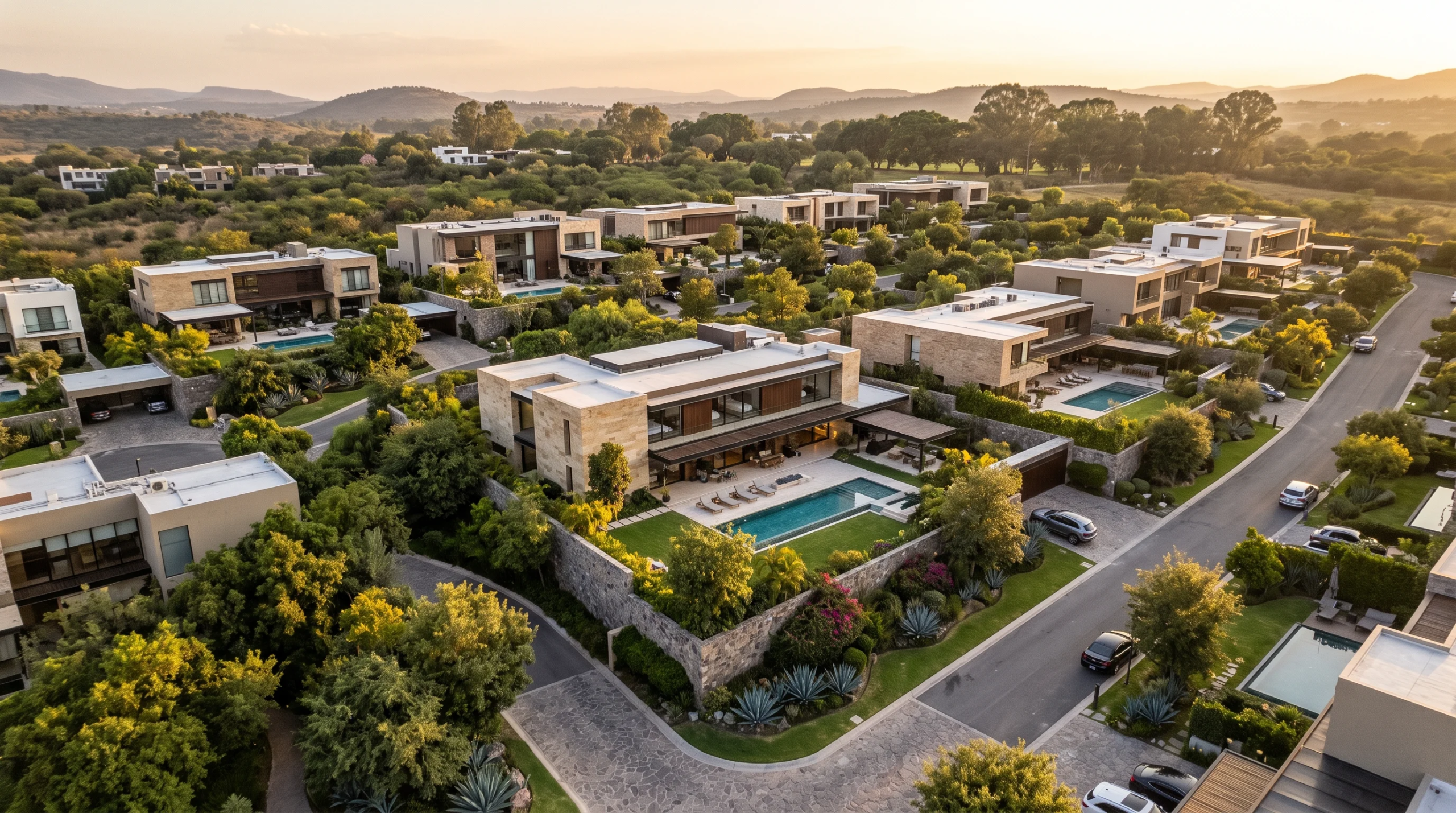 Vista aérea elevada de una comunidad residencial planificada de lujo con mansiones contemporáneas de varios niveles, revestimiento de piedra, techos planos, albercas privadas y céspedes impecables bordeados por muros de contención de piedra a lo largo de calles pavimentadas, representando la infraestructura de prestigio y la cohesión del paisaje urbano de RBA Residences en Zapopan.