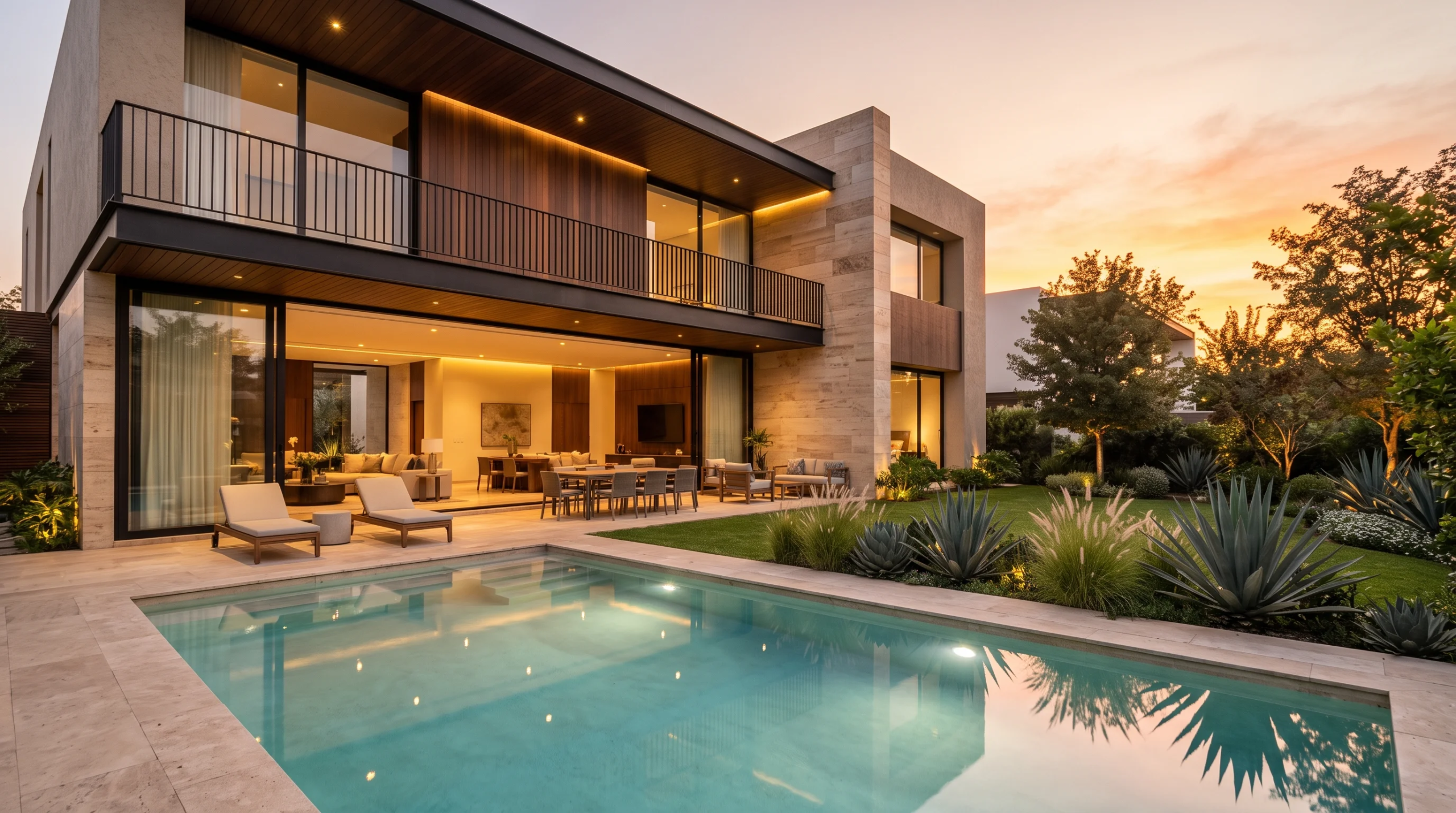 Vista al anochecer de una residencia contemporánea de lujo con revestimiento de piedra, cielos de madera cálida, iluminación de tira arquitectónica integrada, puertas corredizas de vidrio de piso a techo que se abren a un patio, balcón superior, alberca privada y jardines paisajísticos, representando la iluminación ambiental y la fluidez nocturna de RBA Residences en Zapopan.