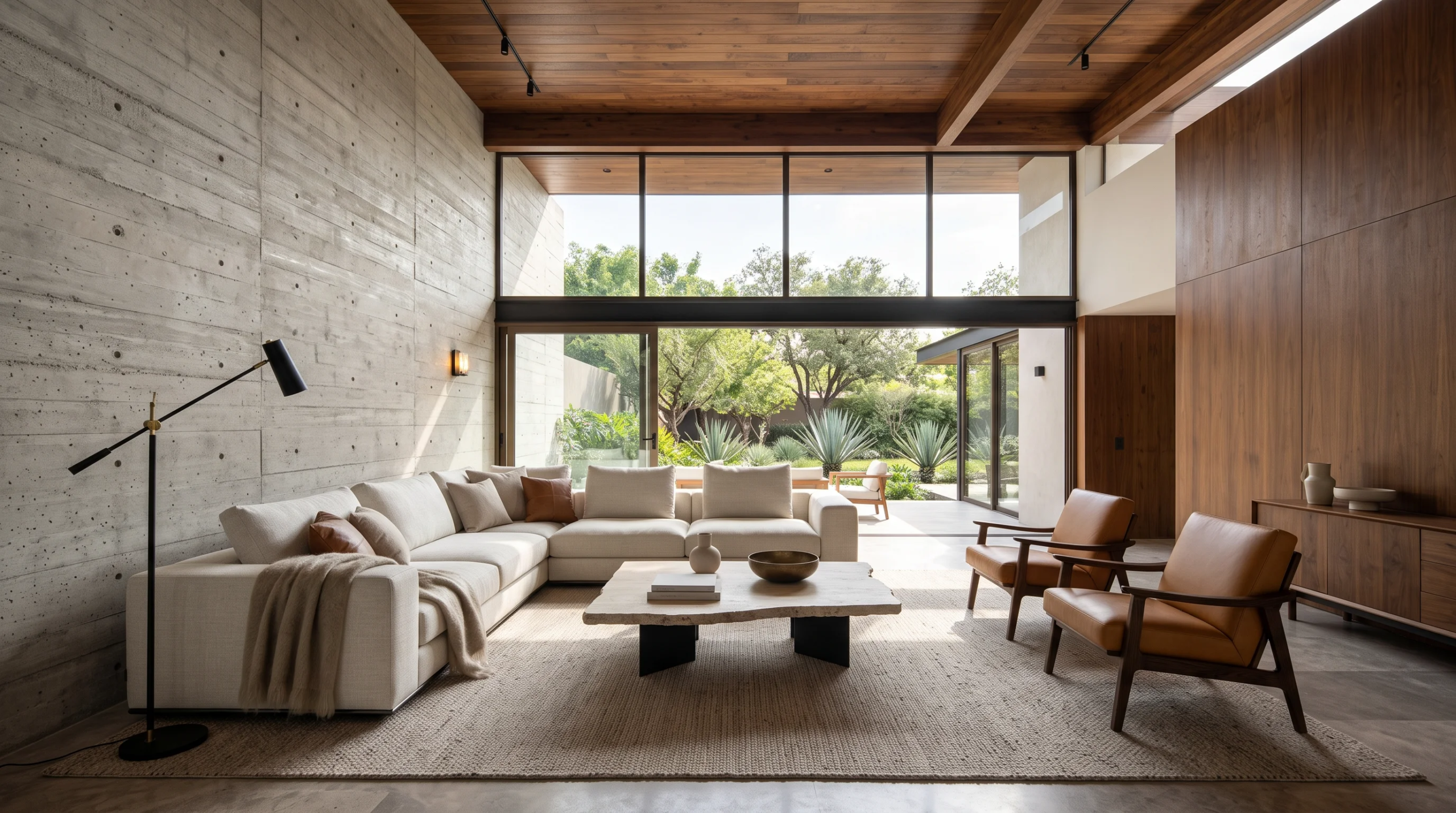 Vista interior de una sala de estar de lujo de doble altura con muros de concreto arquitectónico encofrado, techos de tablones de madera cálida con vigas expuestas, paneles de pared de nogal y ventanales de vidrio de altura completa que se abren a un patio ajardinado, representando la maestría textural y el equilibrio arquitectónico de RBA Residences en Zapopan.
