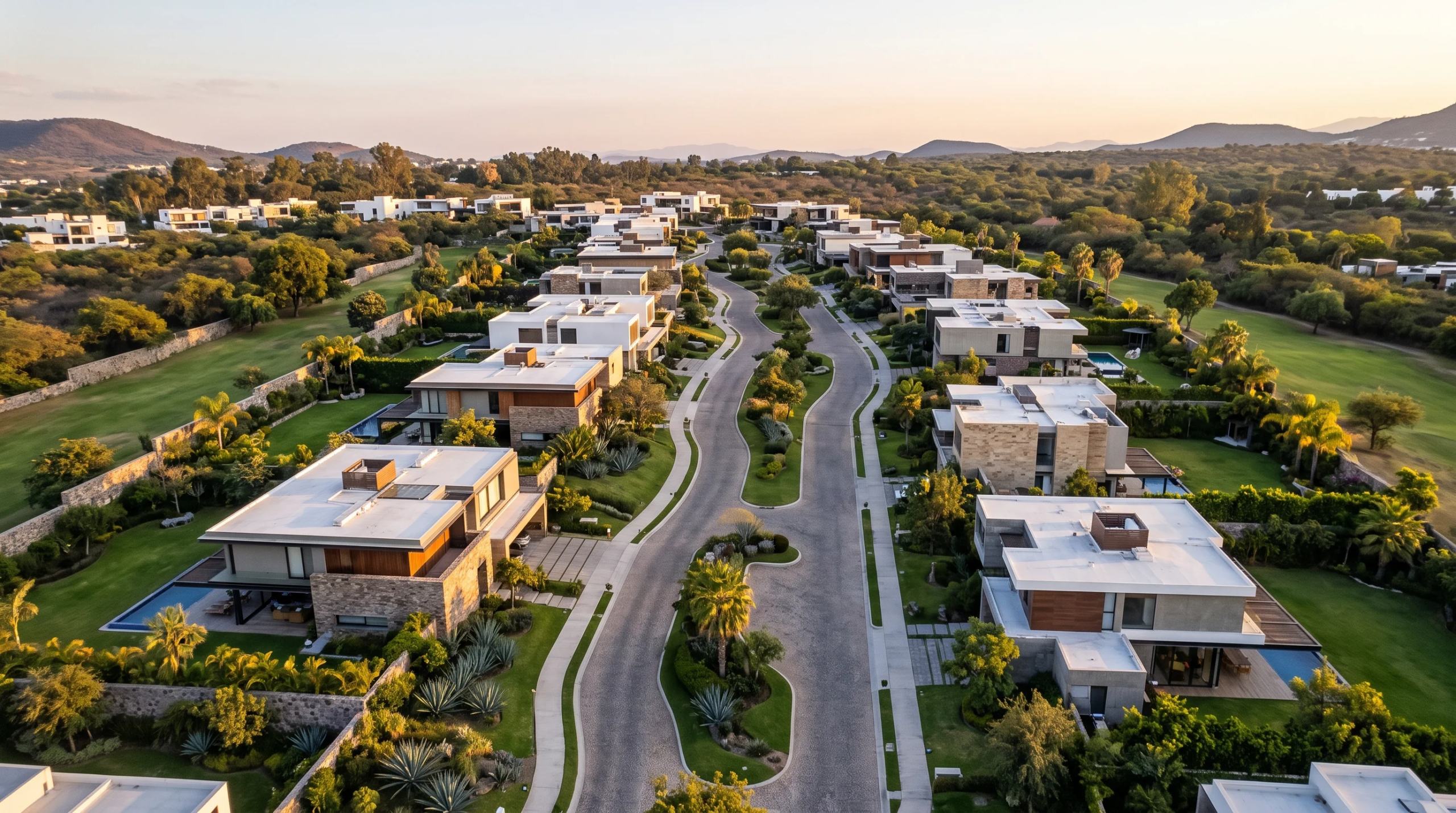 Vista a&eacute;rea de un desarrollo residencial privado de lujo con casas modernas de varios niveles, techos planos, revestimiento de piedra y albercas privadas a lo largo de una carretera de acceso pavimentada y sinuosa, rodeadas de c&eacute;sped paisaj&iacute;stico y terreno natural, representando la visi&oacute;n comunitaria a macroescala y la armon&iacute;a de la planificaci&oacute;n maestra de RBA Residences en Zapopan.