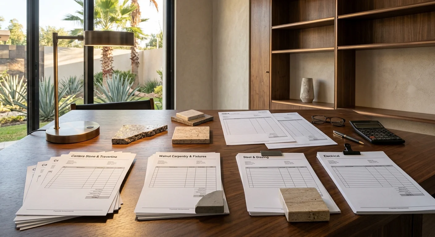 Vista de documentos de propuesta de proyecto detallados por partidas (acabados en piedra, carpintería, vidriería de acero y electricidad), acompañados de muestras de travertino y granito, lámpara, calculadora, gafas y pluma sobre un escritorio de nogal, en una oficina moderna con estantería de madera, muros texturizados y puertas de vidrio hacia una terraza con palmeras, representando la claridad de alcance y la orquestación de oficios de RBA Residences en Zapopan.