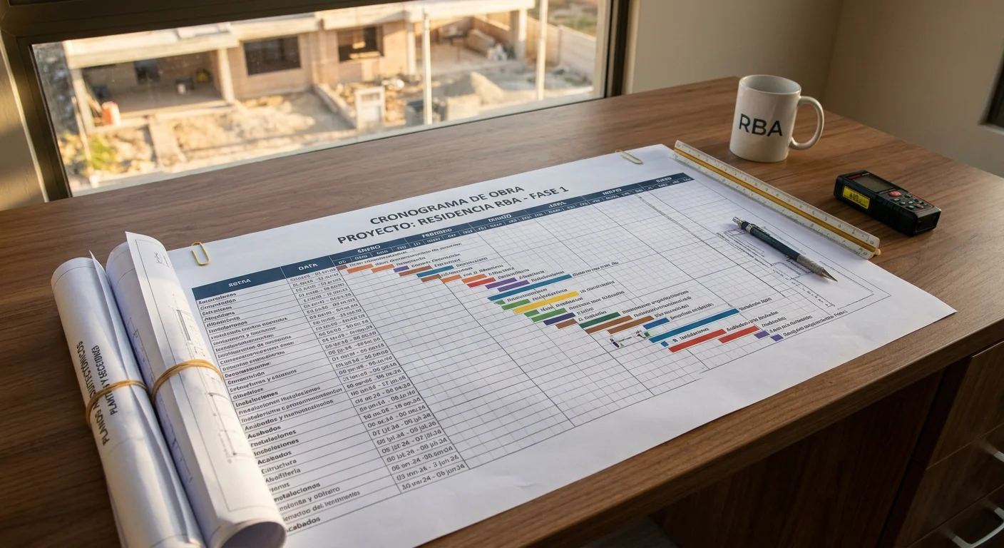 Vista de un escritorio de gestión de obra con un cronograma impreso, planos enrollados con bandas elásticas, regla de escala, medidor láser digital, lápiz mecánico y una taza de café con marca sobre una superficie de madera oscura, frente a una ventana con vista a un sitio de construcción residencial activo, representando el comando en tiempo real y la ejecución en obra de RBA Residences en Zapopan.