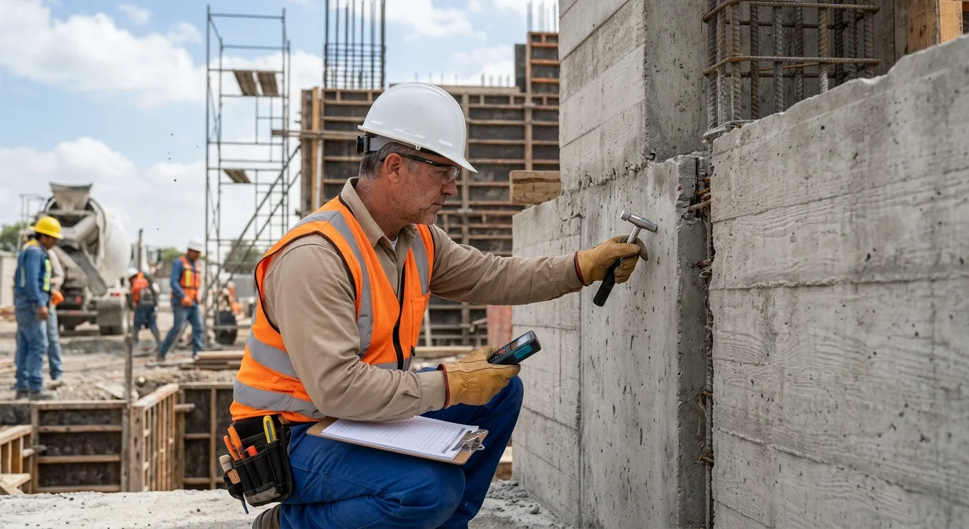 Vista de un inspector de control de calidad arrodillado en una obra activa, inspeccionando un muro de contención de concreto aparente con martillo de prueba y dispositivo de medición, usando casco blanco, lentes de seguridad, chaleco naranja de alta visibilidad, guantes de cuero y portando una tabla con portapapeles, con personal, varilla de acero, encofrado, andamios y mezcladora de cemento al fondo, representando la garantía de calidad rigurosa y los estándares estructurales de RBA Residences en Zapopan.