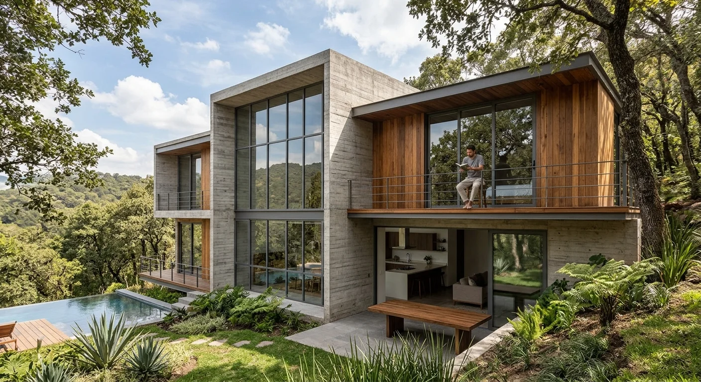 Vista de una residencia moderna de retiro en el bosque de dos niveles con muros de concreto aparente, revestimiento de madera natural, ventanales de doble altura, balcones con barandales de metal, área de estar de planta abierta con cocina y comedor en patio, alberca infinita con deck de madera, sendero de escalones entre helechos y agaves, enclavada en un denso bosque de encinos en la ladera bajo un cielo parcialmente nublado, representando la armonía bioclimática y la integración inmersiva con la naturaleza de RBA Residences en Zapopan.