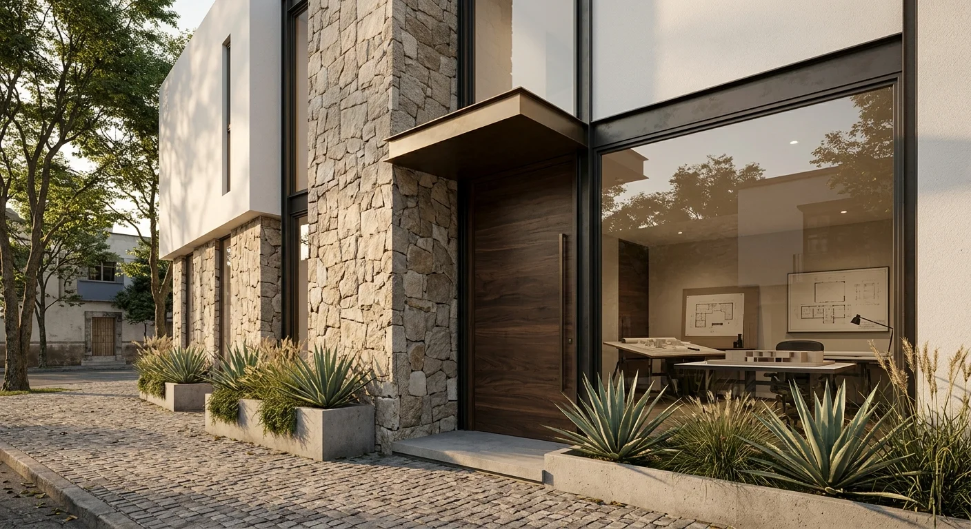 Vista del exterior moderno de la oficina de arquitectura con mampostería de piedra de texturas dinámicas, gran puerta de entrada de madera oscura bajo un voladizo metálico, muro de ventanas de altura completa que revela un estudio de diseño con maquetas y planos, jardineras de concreto con agaves y pasto ornamental, y pavimento de adoquín bajo luz diurna suave, representando la materialización de la marca y la declaración arquitectónica de bienvenida de RBA Residences en Zapopan.