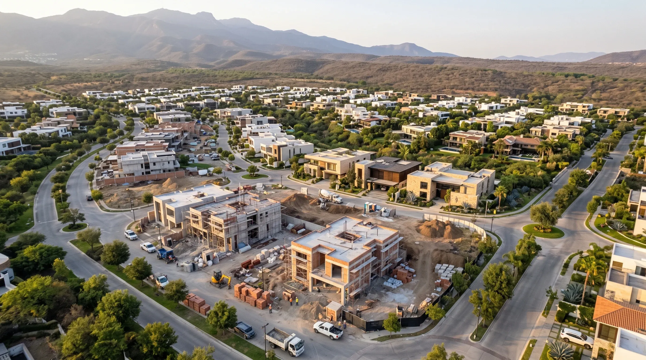 Vista aérea elevada de un desarrollo residencial en colinas con casas modernas en construcción (mampostería, concreto, equipo) rodeadas de residencias de lujo terminadas, calles sinuosas y vegetación, representando la gestión de desarrollos a gran escala y la integración topográfica de RBA Residences en Zapopan.