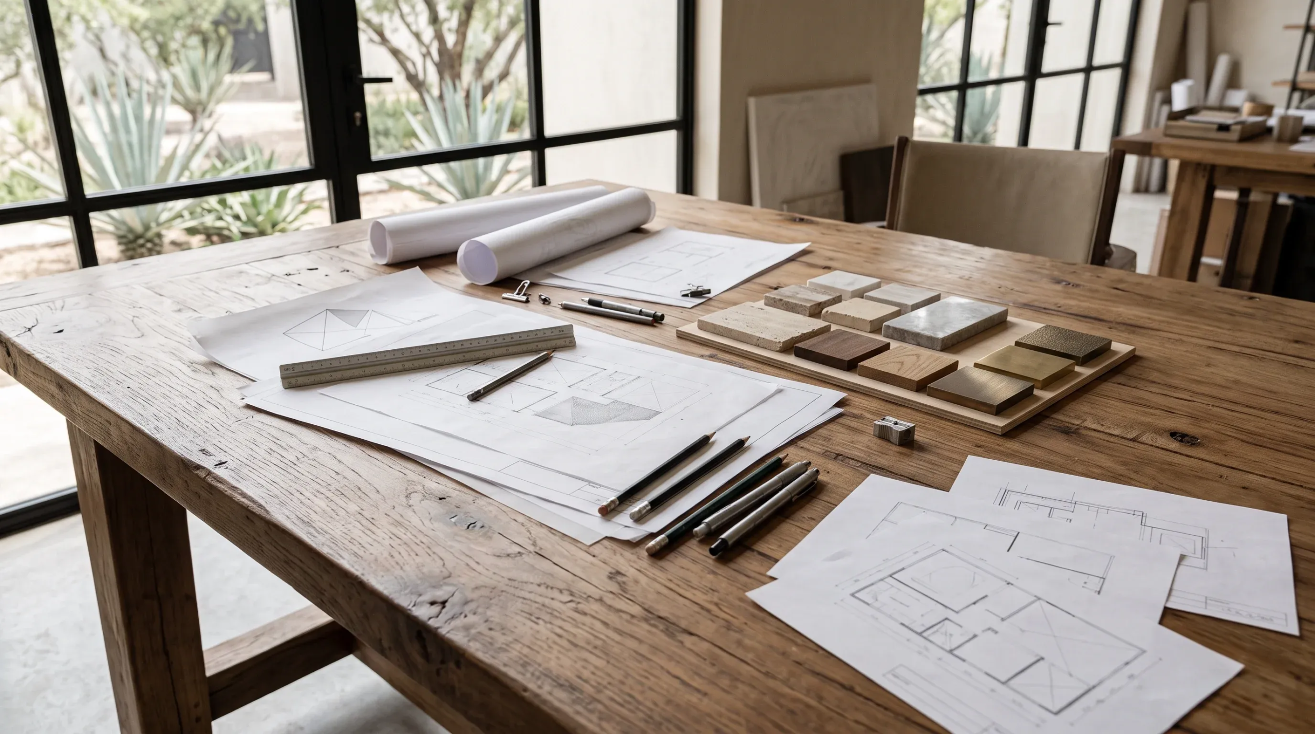 Vista de planos arquitectónicos, planos enrollados, lápices de dibujo, una escala y un tablero organizado de muestras de acabados en piedra, madera y metal sobre una mesa de madera en un estudio con grandes ventanales, representando la síntesis táctil-visual y la armonía de materiales de RBA Residences en Zapopan.