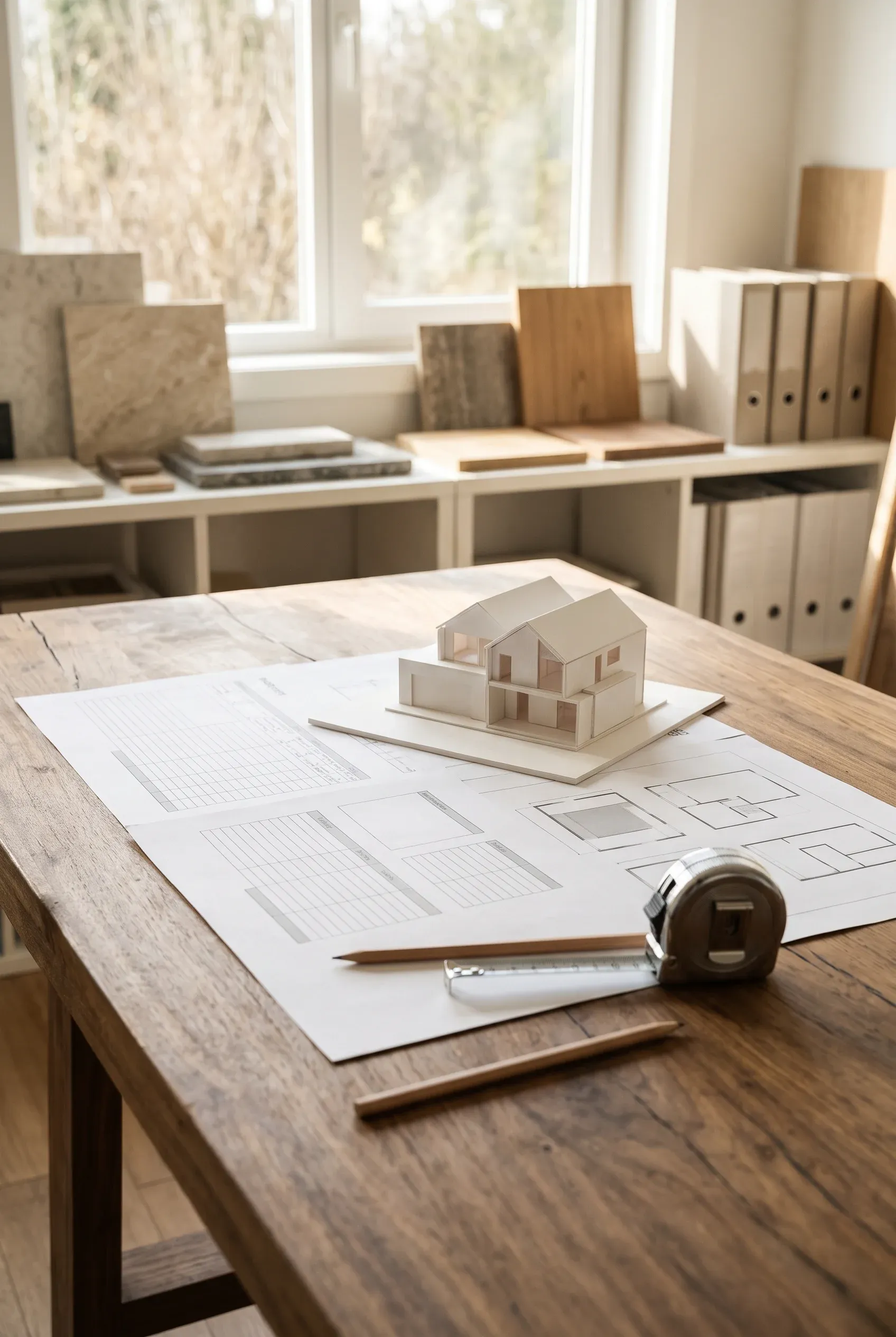 Vista de un espacio de trabajo de diseño arquitectónico con una mesa de madera rústica con planos de planta, hojas de especificaciones y una maqueta blanca a escala de una casa moderna de dos niveles, con lápices de dibujo y cinta métrica metálica, iluminado por luz natural que revela estanterías con muestras de piedra travertino, paneles de acabado de madera y carpetas de proyecto organizadas, representando la traducción táctil y la organización maestra del proyecto de RBA Residences en Zapopan.