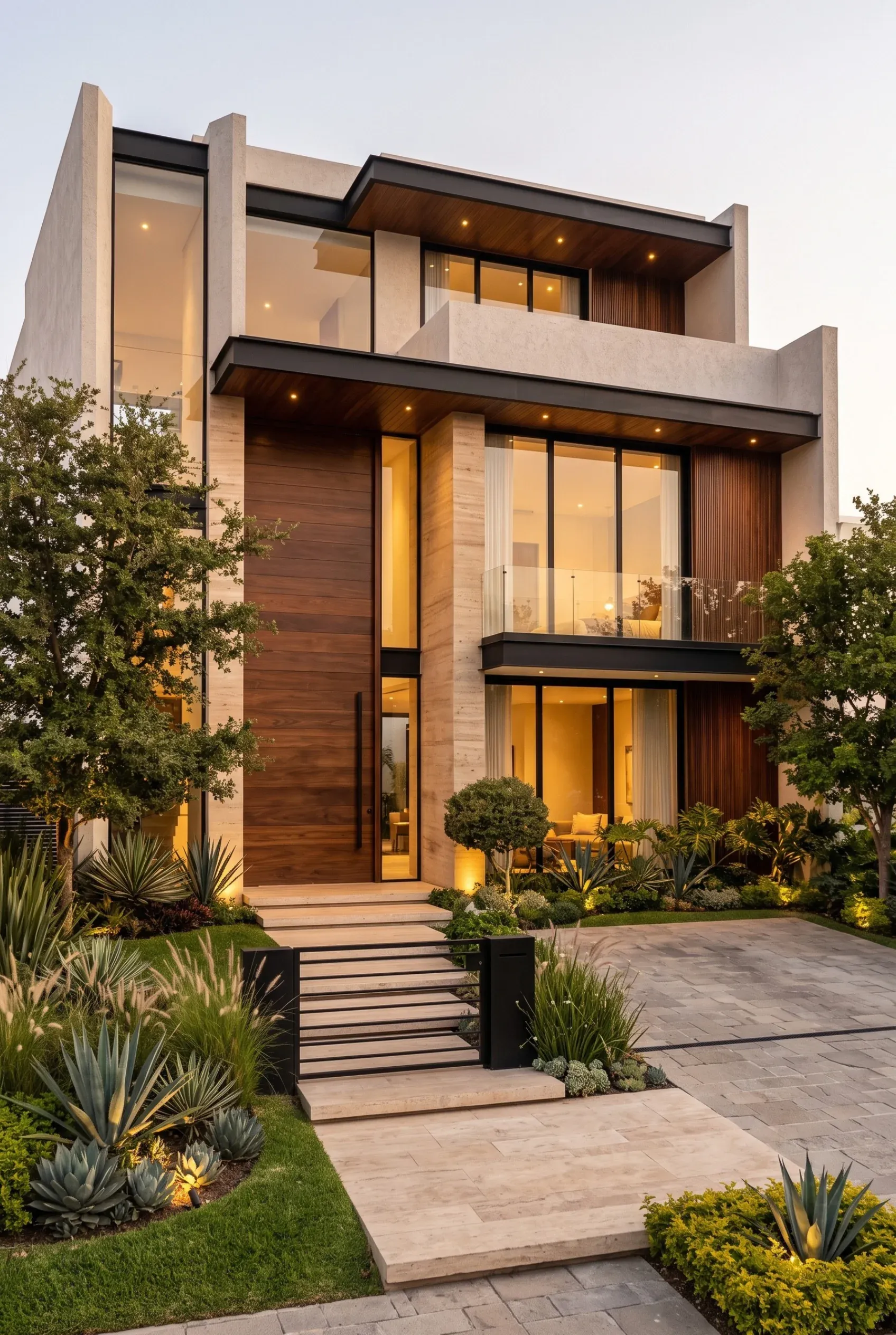 Vista de una residencia moderna de lujo de tres niveles con cristal iluminado de piso a techo, paneles de madera y un camino de acceso con jardinería, representando la elegancia vertical y la aproximación guiada de RBA Residences en Zapopan.