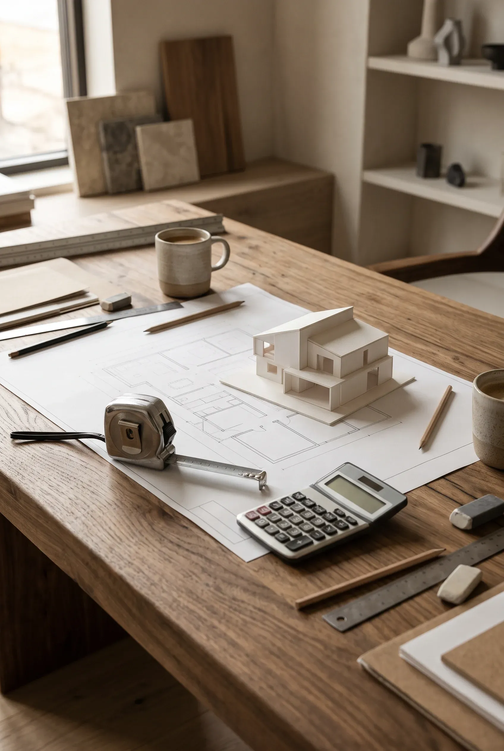Vista de un espacio de trabajo de diseño arquitectónico con un escritorio de roble claro con planos impresos y una maqueta blanca a escala de una casa moderna de varios niveles, rodeada de herramientas de estimación (cinta métrica metálica, calculadora digital, regla de acero, lápices) y tazas de cerámica, con muestras de travertino y mármol en el alféizar de una ventana, paredes de estuco cálido y gabinetes de madera, representando la precisión presupuestaria y el control financiero del diseño de RBA Residences en Zapopan.