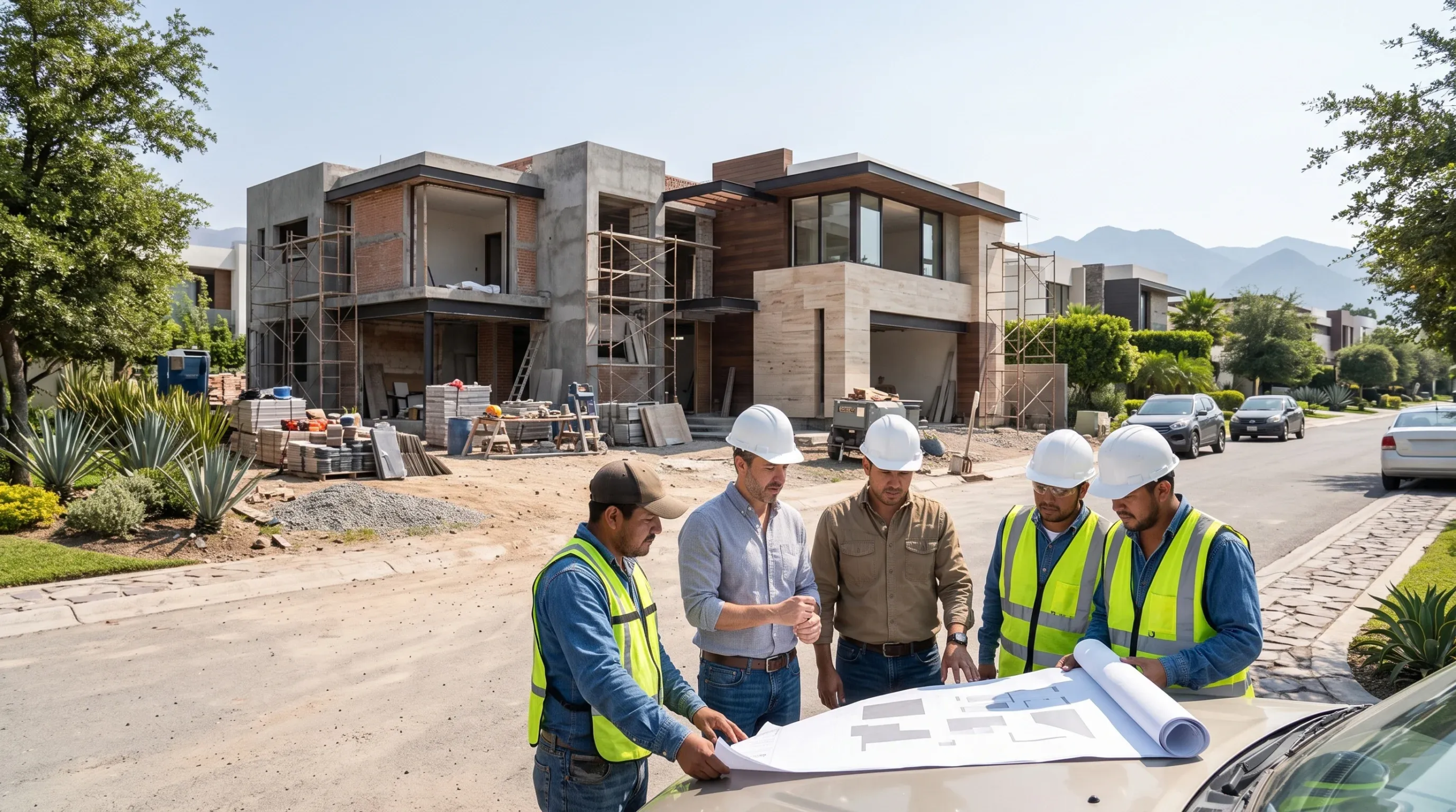 Vista de un grupo de trabajadores de la construcción e ingenieros con chalecos reflectantes reunidos alrededor del capó de un vehículo para revisar planos arquitectónicos, con una casa moderna de varios niveles con andamios y mampostería en construcción al fondo en una calle residencial con montañas, representando la colaboración en campo y la ejecución técnica de RBA Residences en Zapopan.