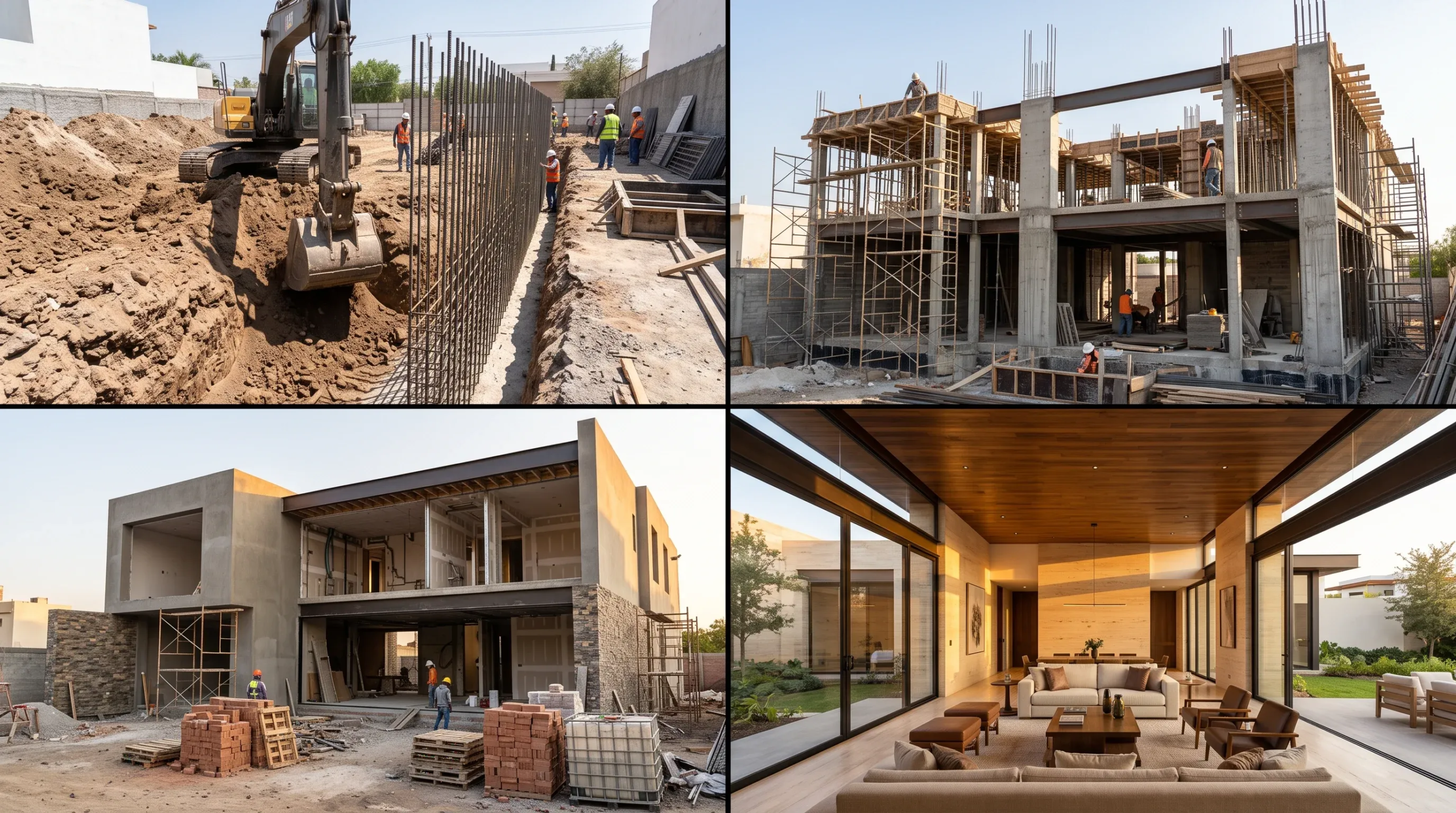 Vista de una progresión de cuatro paneles que documenta el ciclo de vida de la construcción, desde la excavación inicial y el montaje de la estructura hasta el revestimiento de muros y la entrega del interior terminado, representando la maestría integral y la transparencia cronológica de RBA Residences en Zapopan.