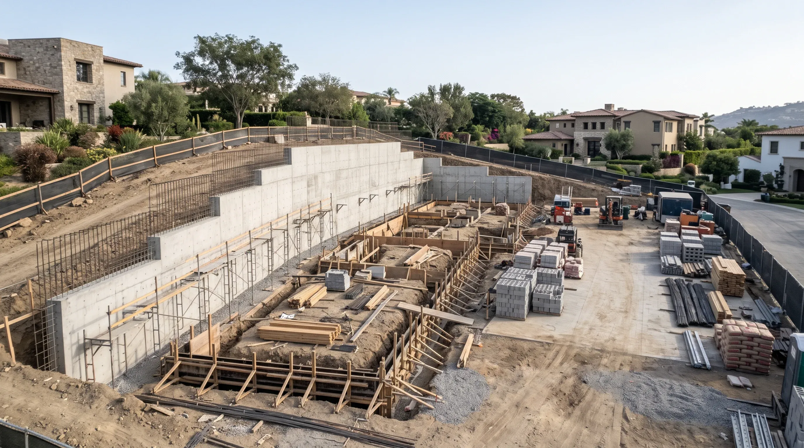 Vista de un sitio activo de excavación residencial con muro de contención de concreto escalonado y varilla expuesta, encofrado de zapatas, andamios, maquinaria pesada y materiales de construcción etapados, representando el dominio del movimiento de tierras y la preparación robusta del terreno de RBA Residences en Zapopan.