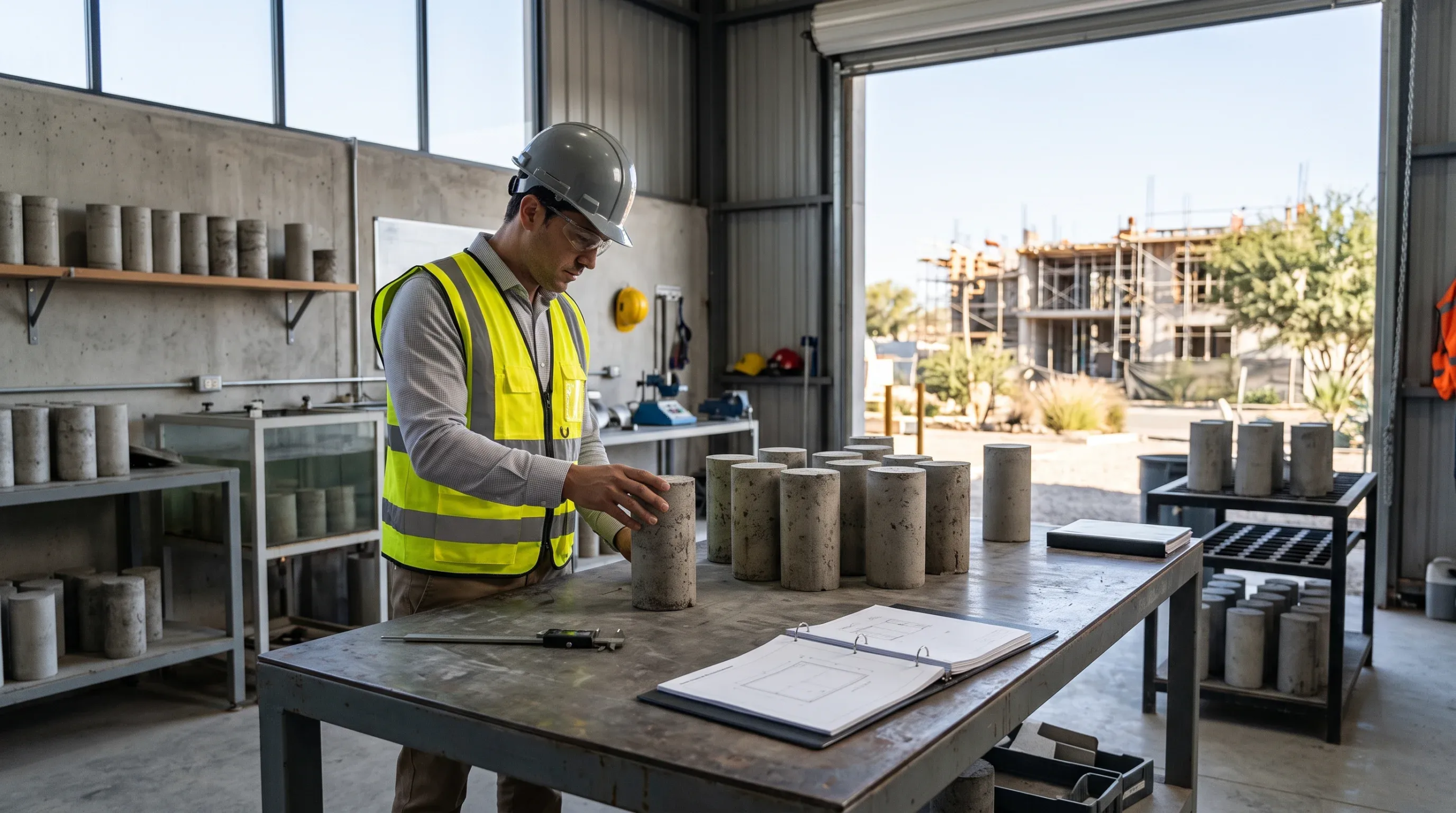 Vista de un t&eacute;cnico inspeccionando muestras de n&uacute;cleos de concreto y registros de pruebas dentro de un laboratorio de materiales en un sitio de construcci&oacute;n activo, representando la validaci&oacute;n cient&iacute;fica de materiales y la durabilidad inquebrantable de RBA Residences en Zapopan.