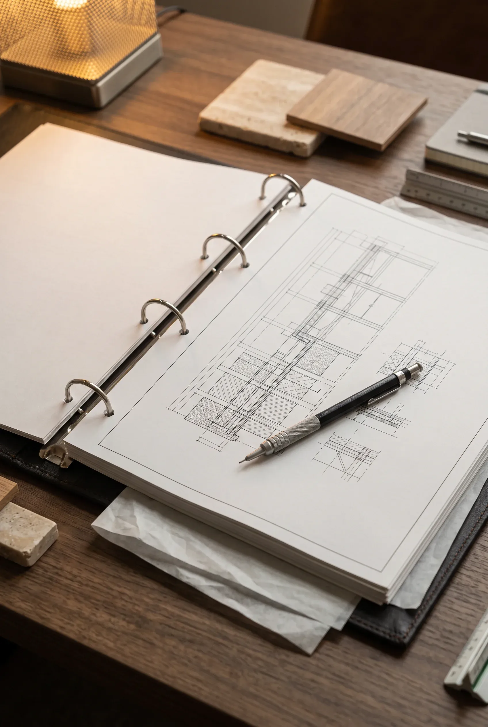 Vista cenital de un folder abierto con planos de corte arquitectónico detallados y un lápiz de dibujo, sobre un escritorio de madera oscura junto a muestras de piedra, una regla metálica y una lámpara de luz cálida, representando el enfoque meticuloso en los detalles y la fusión técnica-material de RBA Residences en Zapopan.