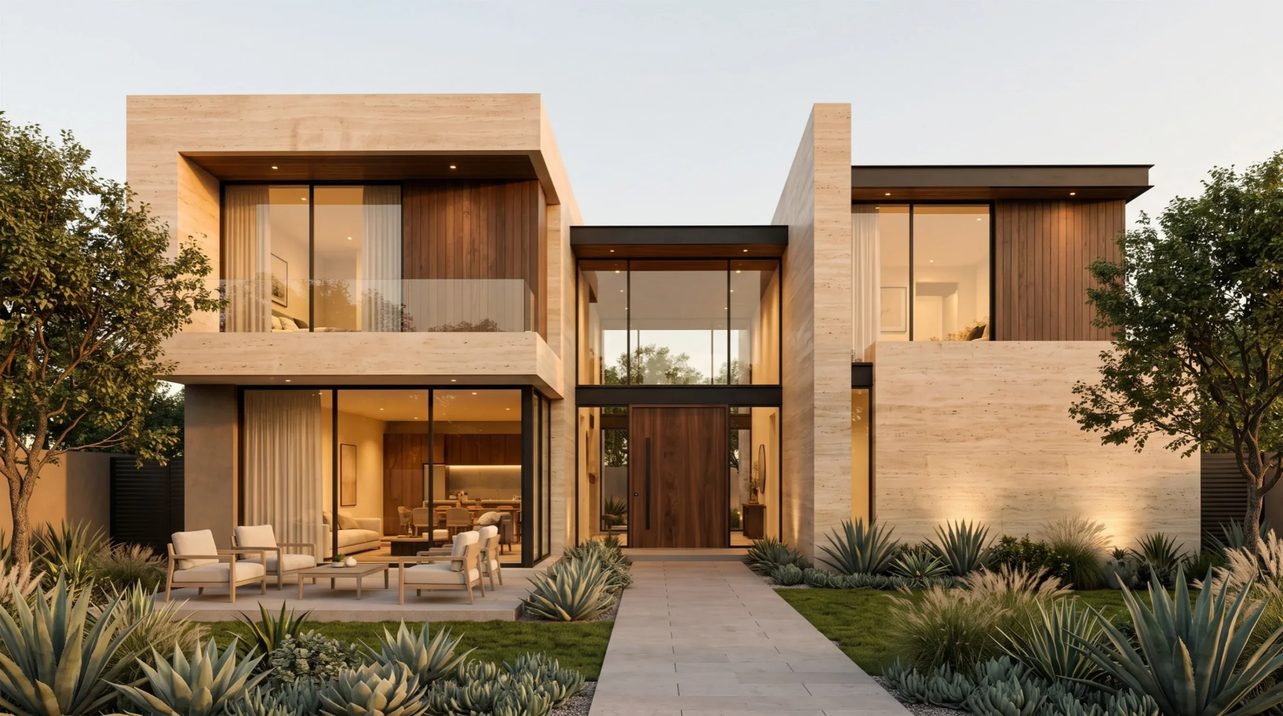 Vista del exterior de una residencia moderna de lujo de dos niveles con revestimiento de piedra travertino, acentos de madera y grandes ventanales de vidrio, representando la armonía material y la imponente presencia arquitectónica de RBA Residences en Zapopan.