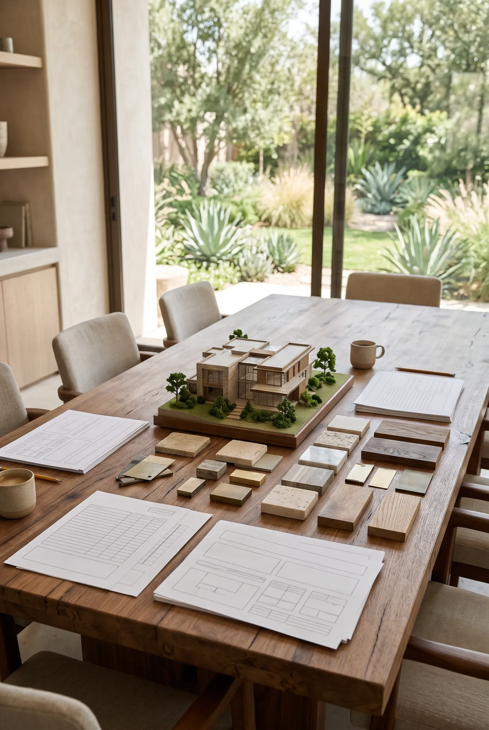 Vista de una sala de presentación de diseño arquitectónico con una gran mesa de madera recuperada, sillones tapizados neutros y una maqueta a escala detallada de una villa moderna con paisajismo, rodeada de una cuadrícula de muestras de materiales (travertino, mármol pulido, acabados de latón, bloques de roble y nogal), hojas de especificaciones y tazas de cerámica, con puertas de vidrio de piso a techo iluminadas por el sol que ofrecen vistas a un jardín desértico con agaves y árboles maduros, representando la experiencia inmersiva del cliente y la orquestación curada de materiales de RBA Residences en Zapopan.
