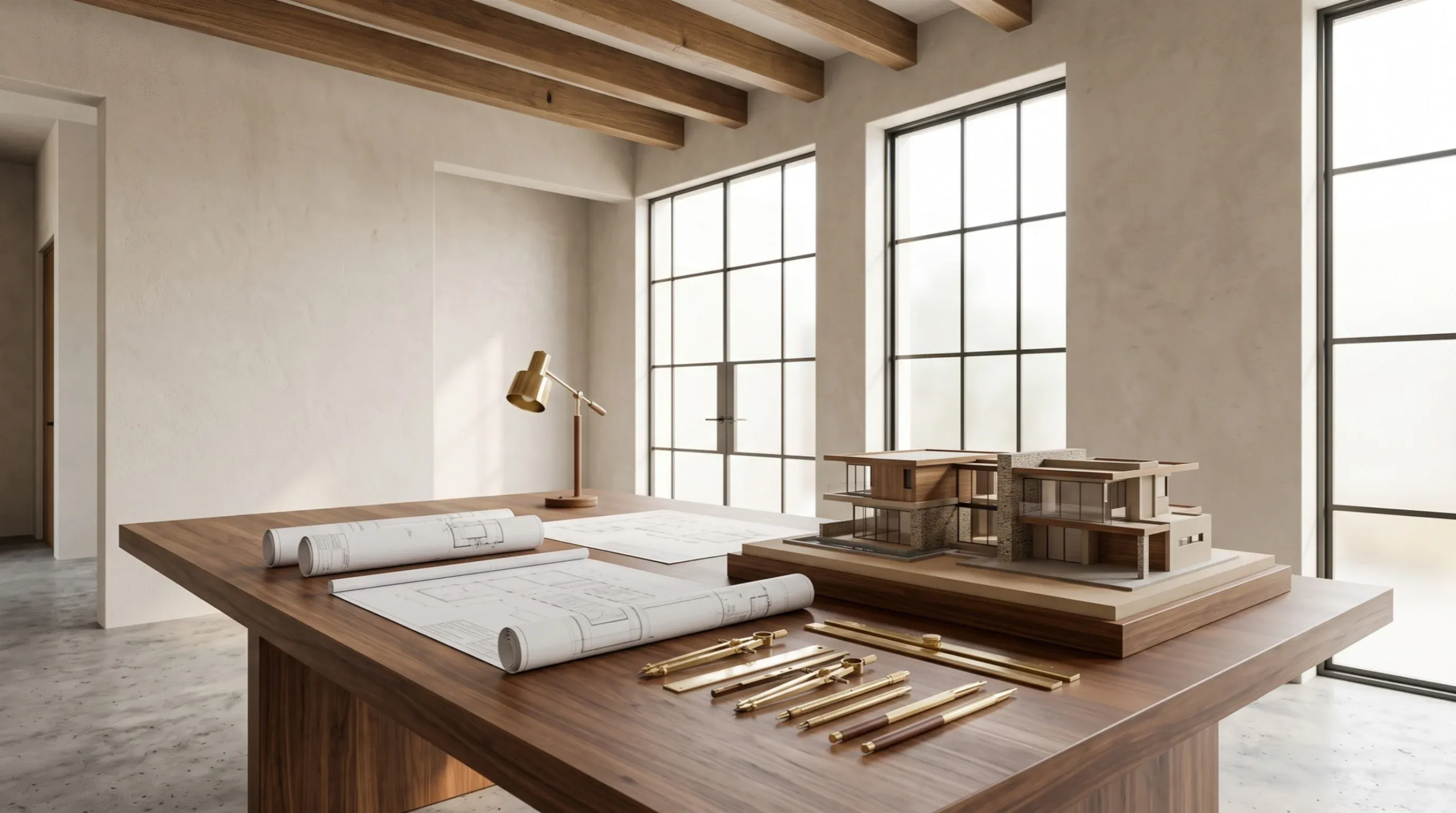 Vista de un espacio de trabajo en un estudio de diseño arquitectónico con una maqueta a escala, planos enrollados y herramientas de dibujo sobre una mesa de nogal, representando la génesis creativa y la artesanía en el diseño de RBA Residences en Zapopan.