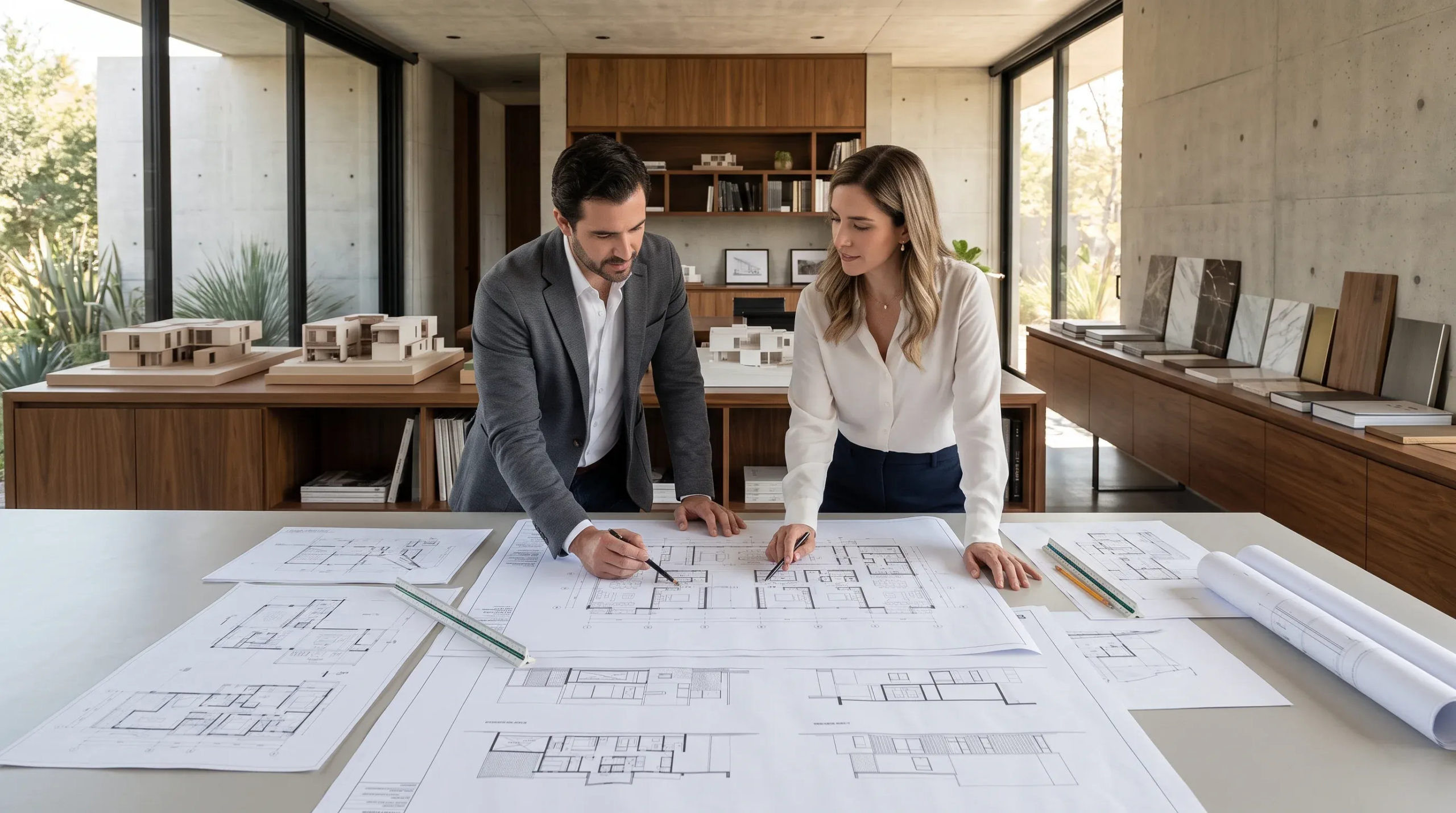 Vista de arquitectos revisando planos de planta y planos arquitect&oacute;nicos sobre una mesa de dibujo en un estudio de dise&ntilde;o moderno, representando la precisi&oacute;n en el trazado y la planificaci&oacute;n espacial meticulosa de RBA Residences en Zapopan.