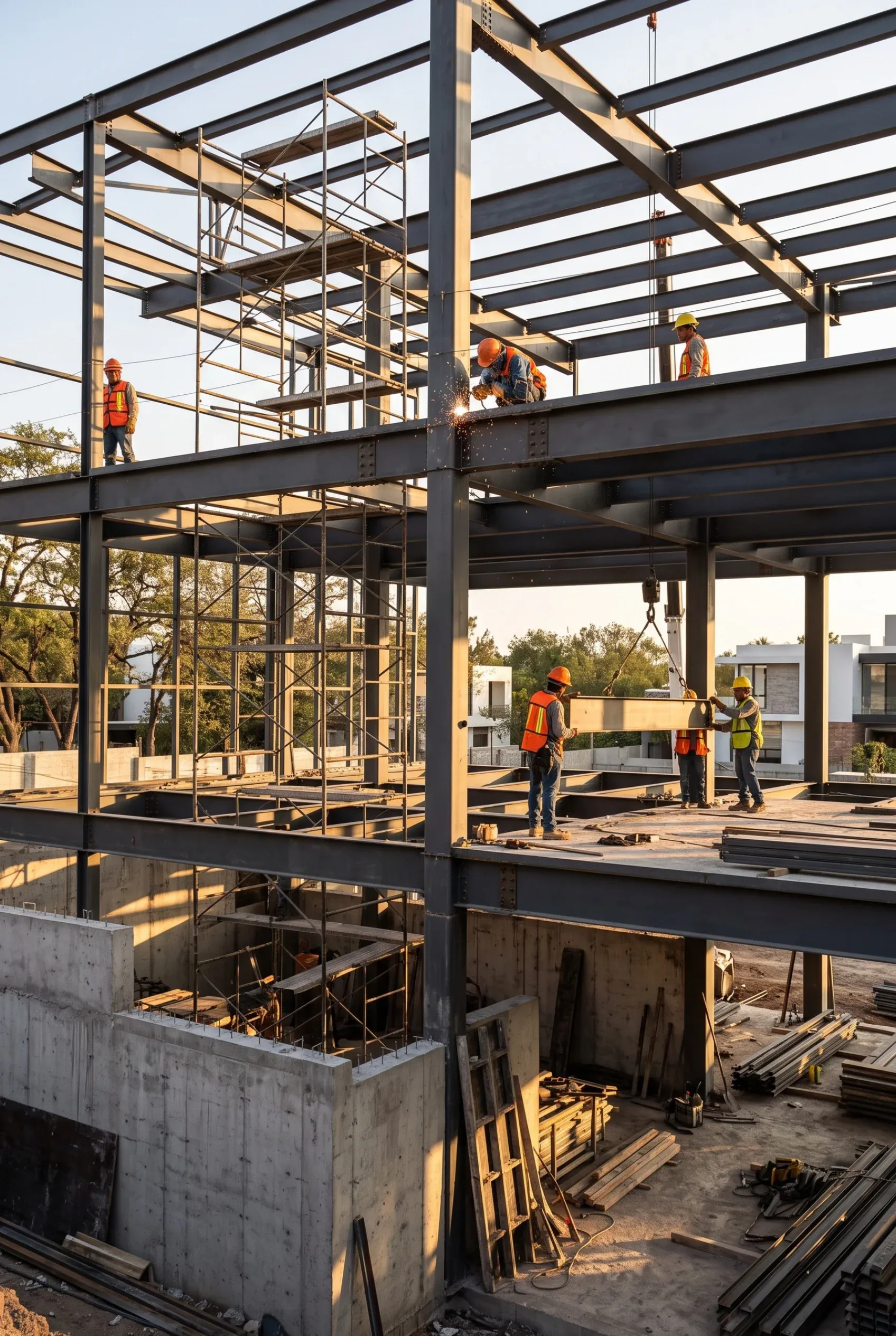 Vista de trabajadores ensamblando una estructura de acero de varios niveles sobre una cimentación de concreto, representando la ejecución robusta, la seguridad en obra y la ingeniería de precisión de RBA Residences en Zapopan.