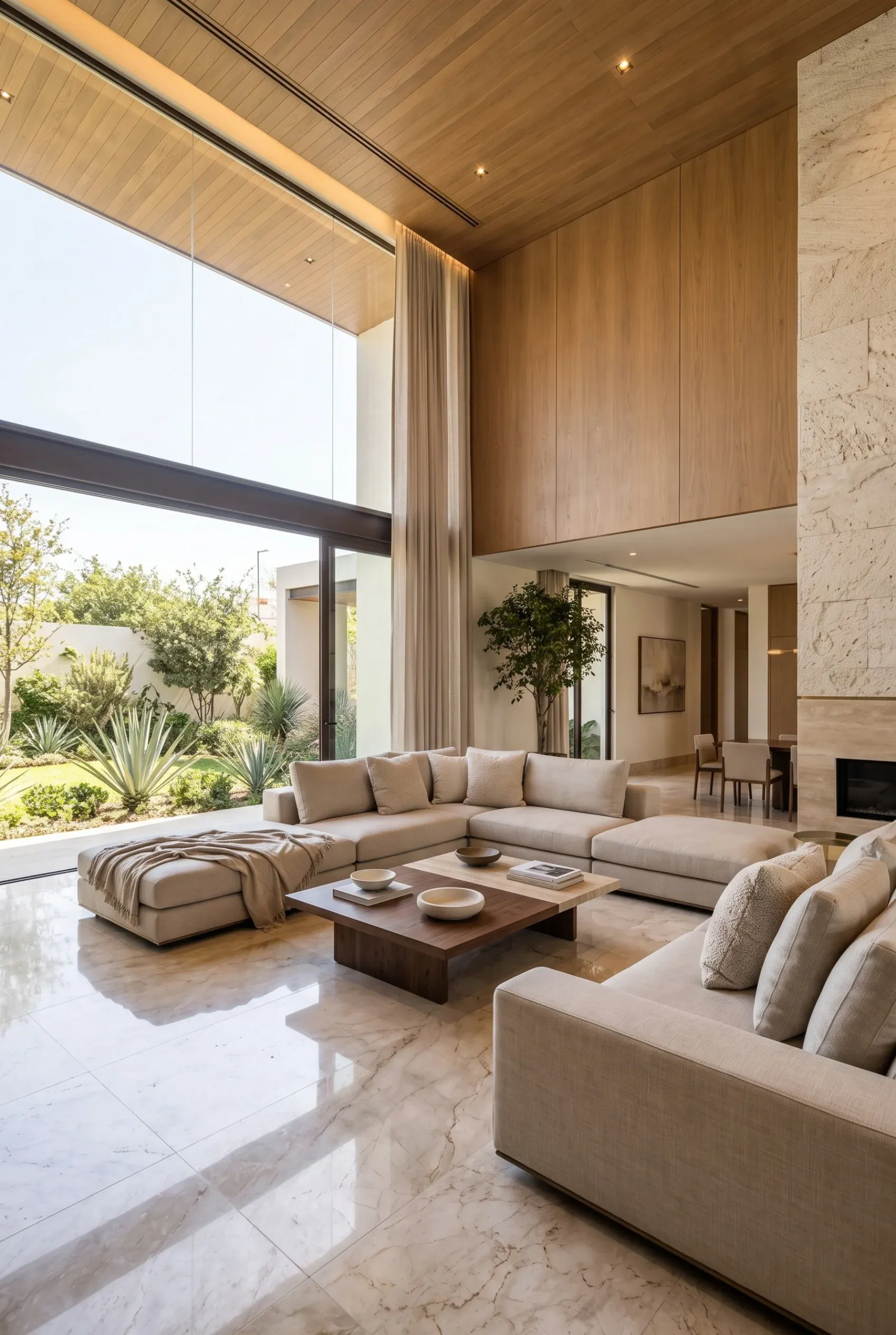 Vista de una sala de estar moderna de lujo de doble altura con techo de paneles de madera, asientos seccionales beige y puertas de cristal de piso a techo que se abren a un jardín, representando la grandiosidad volumétrica y la conexión visual con la naturaleza de RBA Residences en Zapopan.