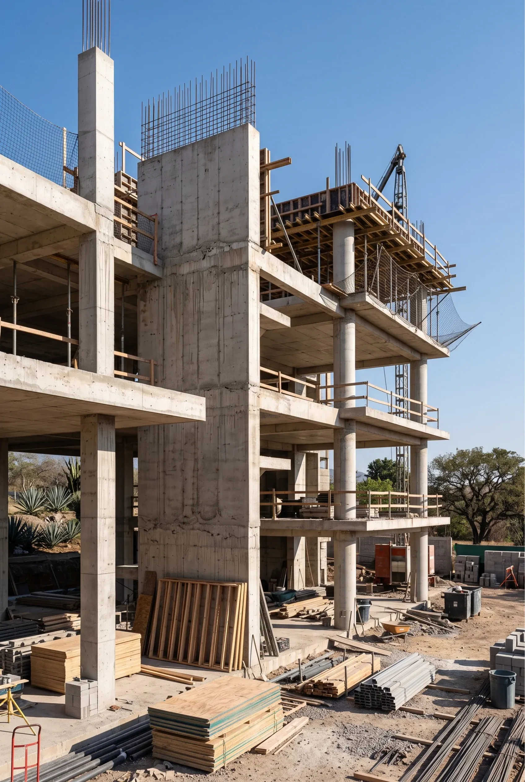 Vista de una estructura de concreto reforzado en construcción con encofrado, varillas de acero y materiales de andamiaje en el sitio, representando la integridad estructural robusta y la ingeniería de vanguardia de RBA Residences en Zapopan.