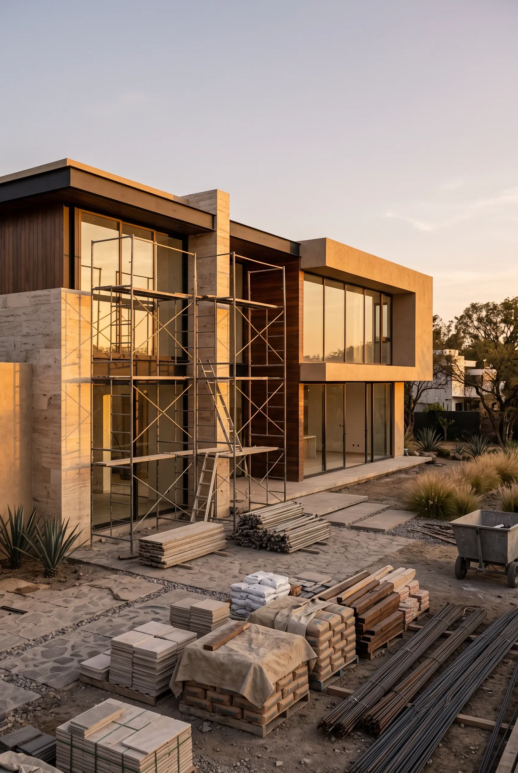 Vista en ángulo bajo de una maqueta arquitectónica iluminada sobre una mesa de madera rústica con cuaderno y pluma, con una villa moderna de lujo de dos niveles enfocada al fondo bajo un cielo crepuscular púrpura, con ventanas de piso a techo, revestimiento de piedra travertino, paneles de madera oscura y alberca con paisajismo desértico, representando la fidelidad material y la realización visionaria de RBA Residences en Zapopan.
