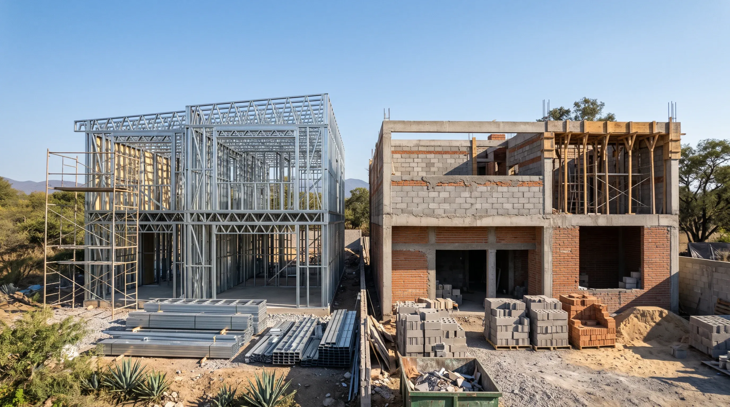 Vista de un sitio de construcción comparativo con dos residencias modernas en progreso bajo un cielo azul: a la izquierda, estructura de dos niveles con perfilería de acero ligero y andamios metálicos; a la derecha, mampostería tradicional con pilares de concreto reforzado, muros de ladrillo rojo y encofrado de madera, rodeados de materiales de obra y flora desértica, representando la versatilidad metodológica y la ingeniería comparativa de RBA Residences en Zapopan.