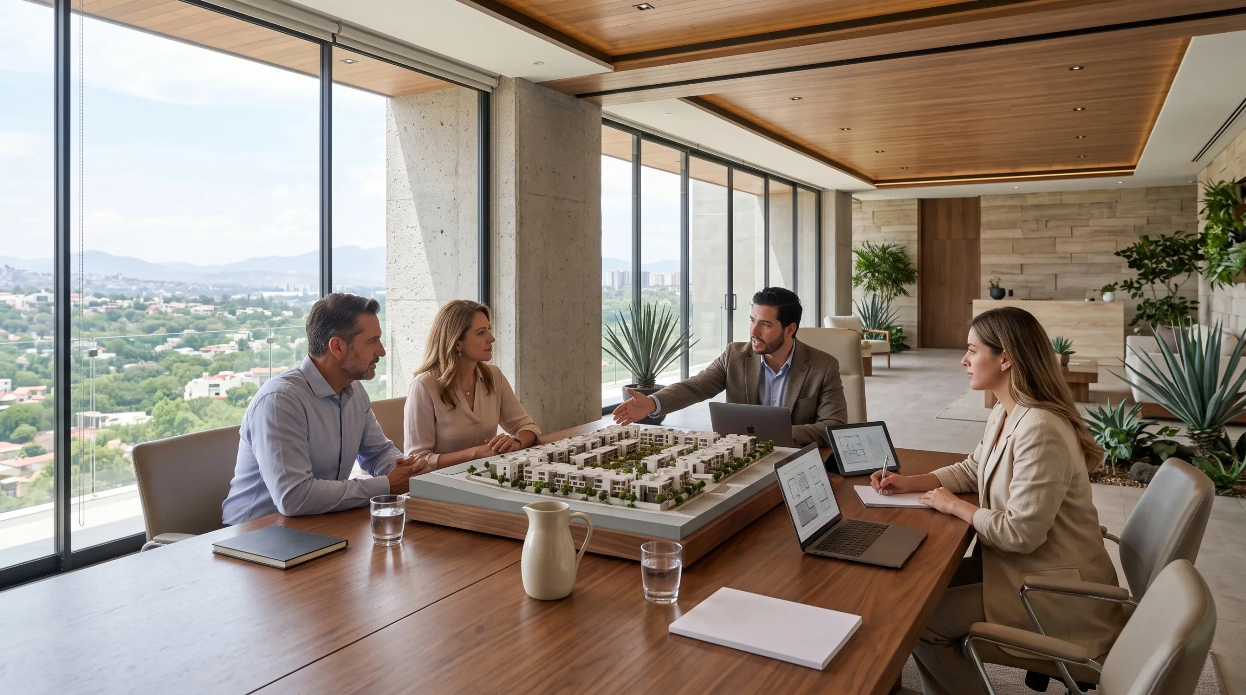 Vista de una sala de conferencias moderna de concepto abierto con ventanales de piso a techo y vista al paisaje, donde cuatro profesionales se reúnen alrededor de una larga mesa de madera, representando la alineación estratégica y la colaboración ejecutiva de RBA Residences en Zapopan.