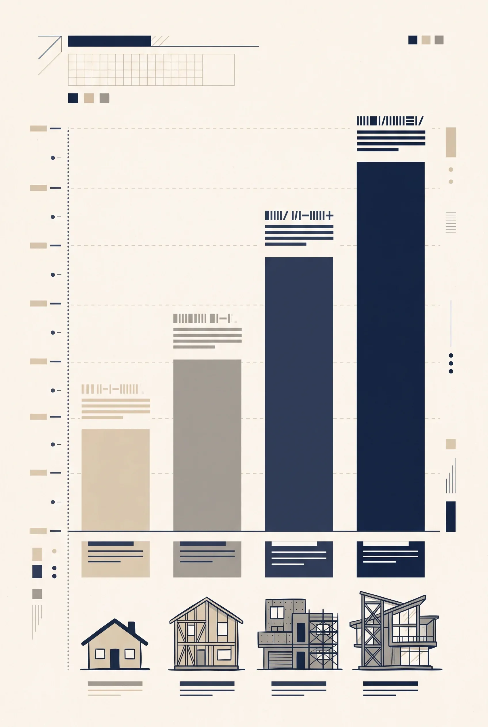 Vista de una infografía arquitectónica vertical y minimalista con un gráfico de barras ascendente de cuatro niveles e ilustraciones lineales que muestran las etapas secuenciales de construcción (desde un esquema de un solo nivel y estructura de madera, hasta obra de concreto con andamios y una residencia moderna multinivel terminada con fachada de vidrio), sobre un fondo crema limpio con acentos de metadatos técnicos, representando la transparencia metodológica y la evolución constructiva de RBA Residences en Zapopan.