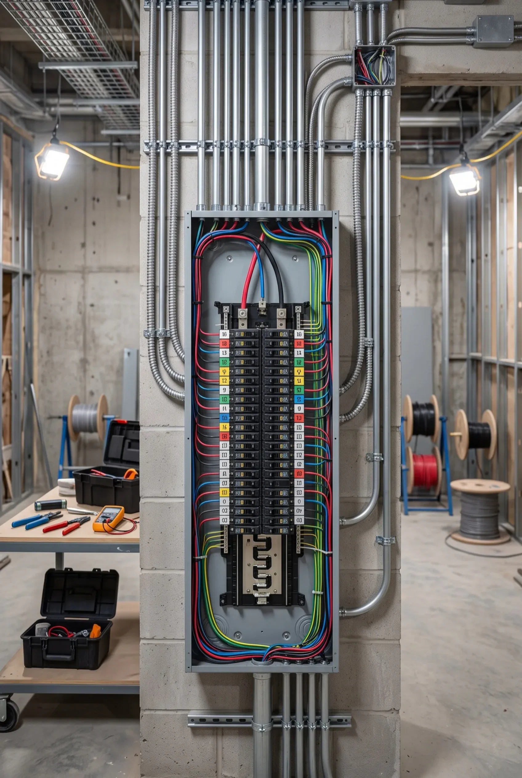 Vista de una instalación eléctrica en obra gris con un tablero de distribución abierto montado en una columna de concreto, cableado codificado por colores meticulosamente organizado, conductos rígidos EMT, conductos flexibles metálicos y distribución de bandejas portacables en el techo, representando la maestría en instalaciones eléctricas y la seguridad constructiva de RBA Residences en Zapopan.