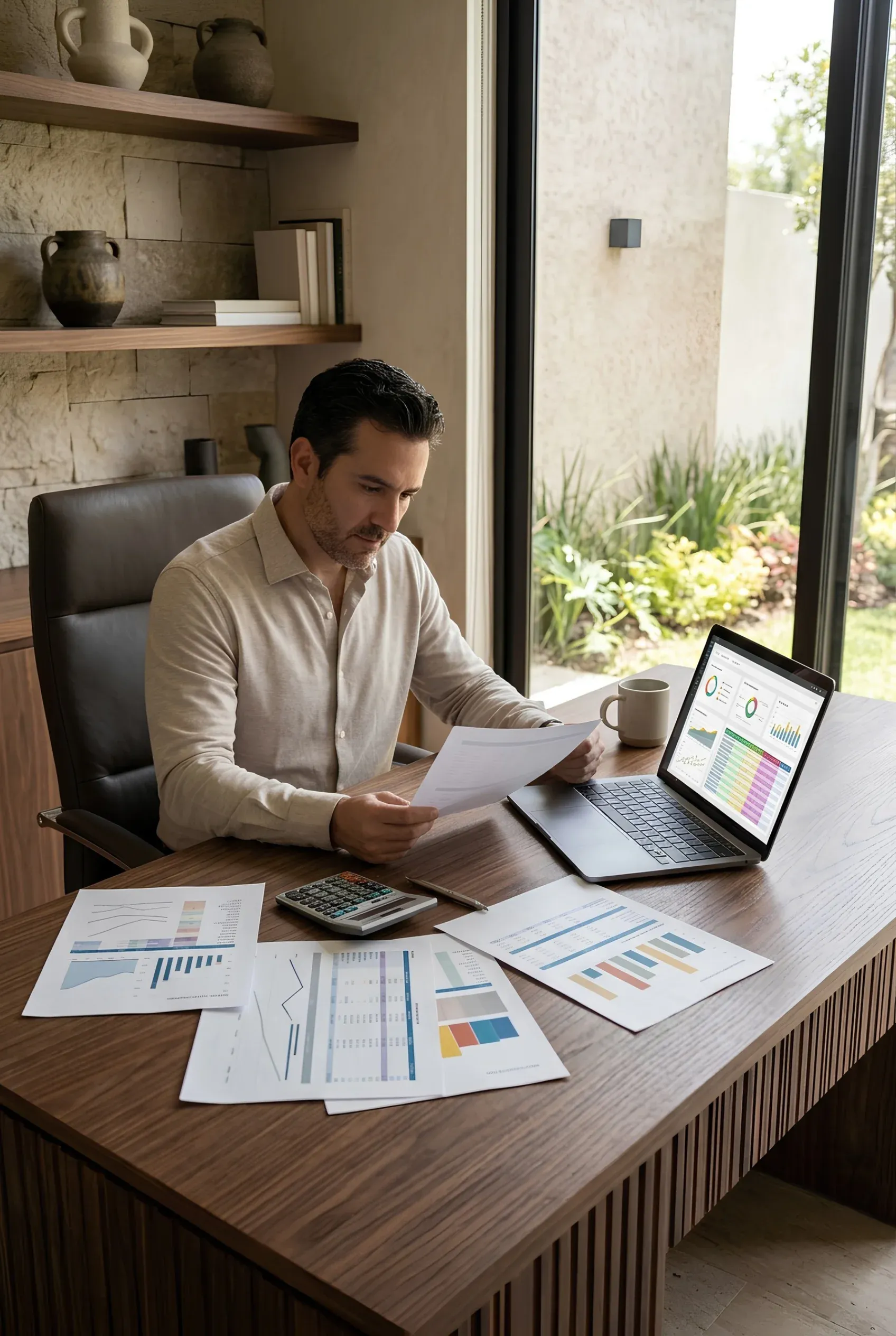 Vista de un empresario sentado en un escritorio de madera revisando gráficos financieros, informes impresos y una laptop con paneles de datos en una oficina moderna, representando la transparencia financiera y la viabilidad de inversión de RBA Residences en Zapopan.