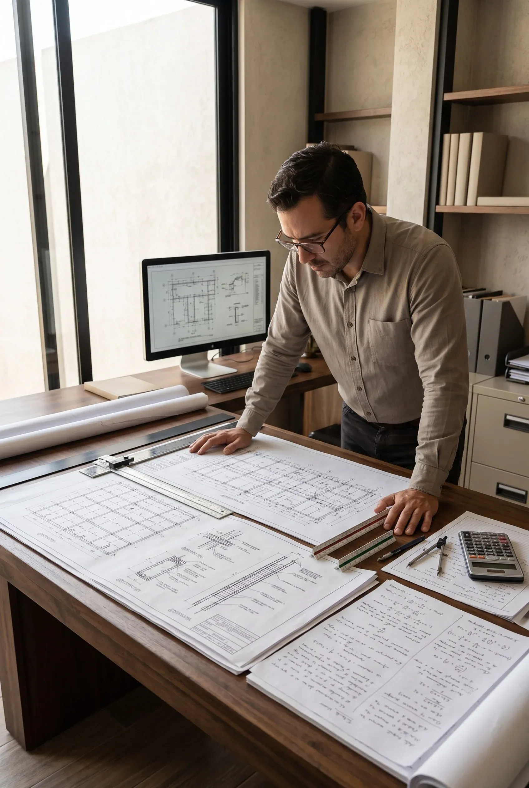 Vista de un arquitecto revisando planos de planta impresos y detalles de secciones estructurales sobre un gran escritorio de madera, con herramientas de dibujo (regla paralela, escalímetro, compás, calculadora), un monitor con dibujos CAD y planos enrollados junto a ventanales de gran altura, representando la síntesis entre la artesanía tradicional y la tecnología digital de RBA Residences en Zapopan.
