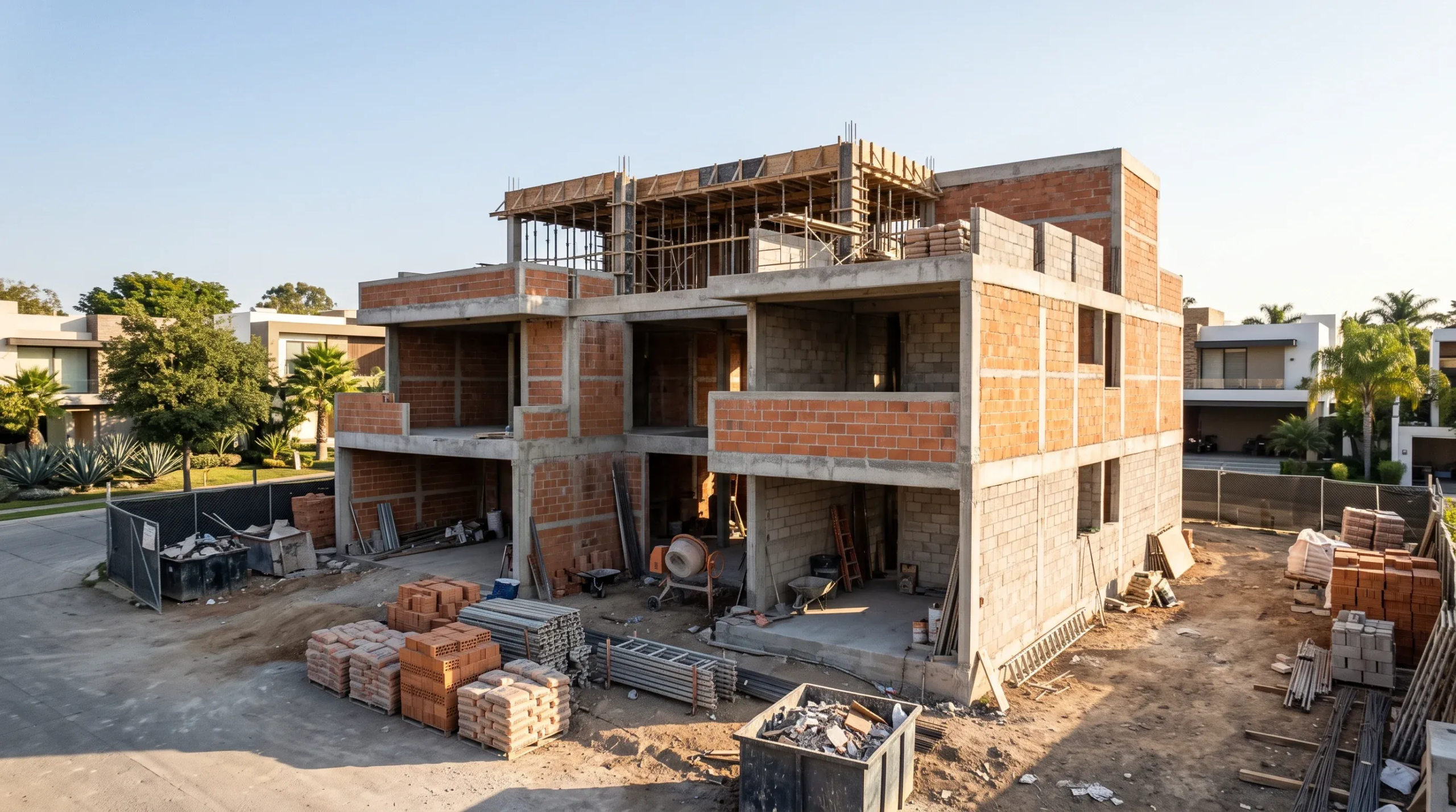 Vista de un sitio de construcción residencial de varios niveles con estructura de concreto reforzado, muros de relleno de mampostería de ladrillo rojo y materiales apilados en el nivel del suelo, representando la solidez del cerramiento y la precisión en la albañilería de RBA Residences en Zapopan.