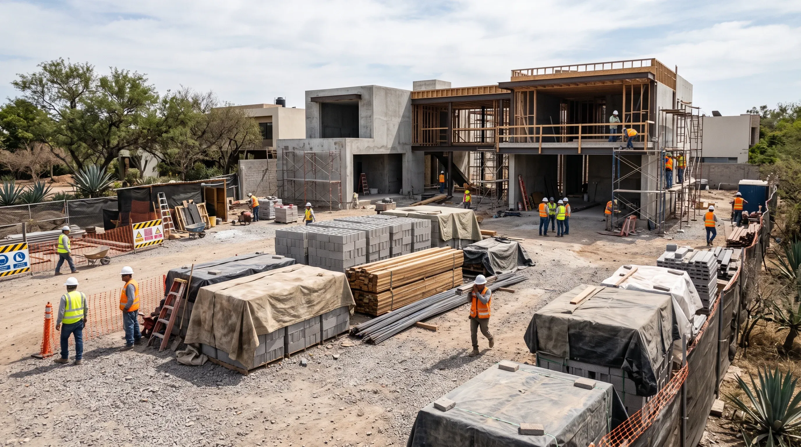 Vista gran angular de un sitio de construcci&oacute;n activo de una residencia moderna de varios niveles, con estructuras de concreto, andamios, materiales organizados bajo lonas y trabajadores con equipo de seguridad bajo un cielo brillante, representando la log&iacute;stica impecable y la cultura de seguridad de RBA Residences en Zapopan.