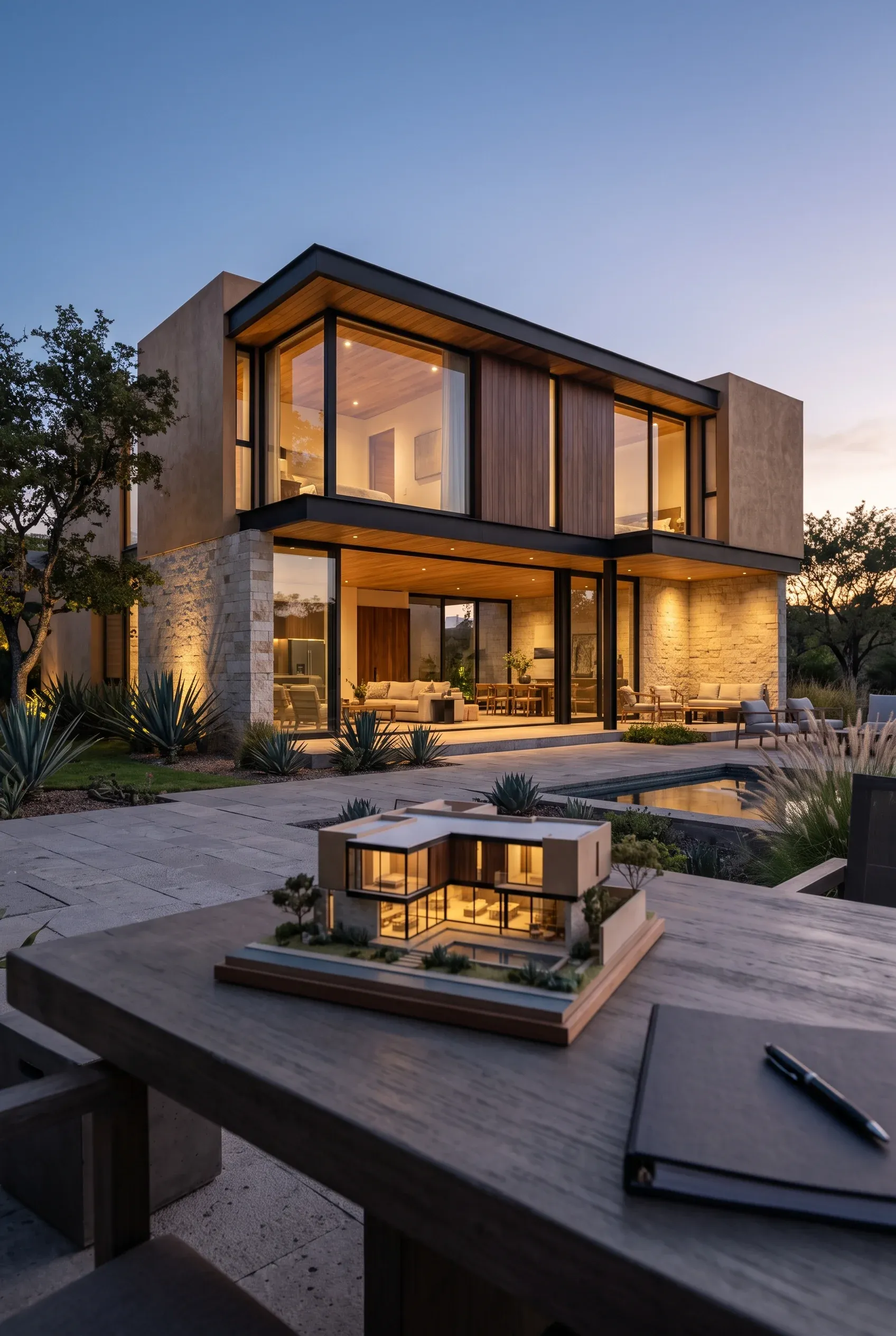 Vista de una maqueta arquitectónica a escala iluminada de una villa moderna de dos niveles sobre una mesa de madera exterior con cuaderno y pluma, con la residencia de lujo a escala real de fondo con ventanas de piso a techo, iluminación cálida, revestimiento de piedra y alberca al anochecer, representando la simetría entre concepto y realidad de RBA Residences en Zapopan.