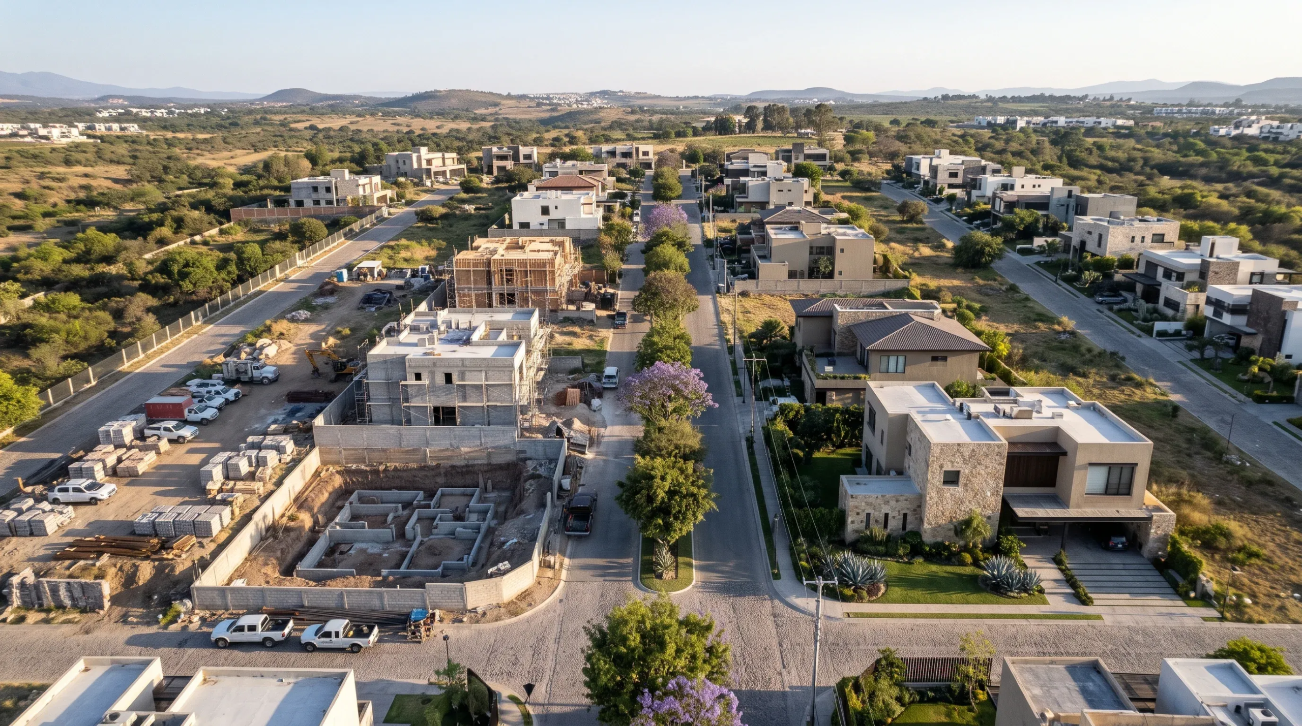 Vista aérea de un desarrollo residencial suburbano con lotes en construcción (excavaciones de cimentación, estructura de mampostería), casas modernas terminadas de piedra y concreto, y calles pavimentadas con árboles, representando la integración comunitaria y la evolución del vecindario de RBA Residences en Zapopan.