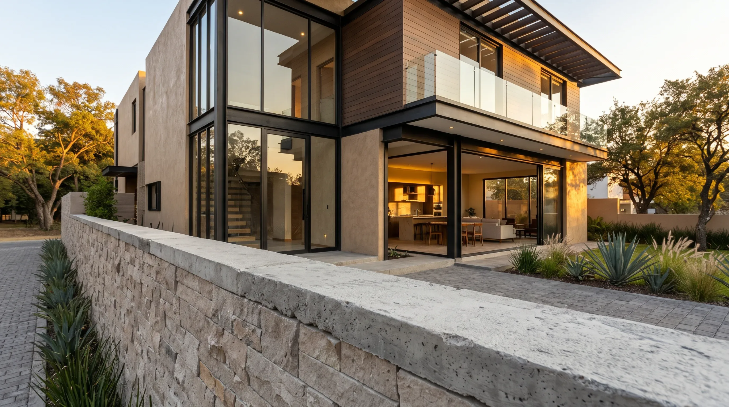 Vista en ángulo bajo de una residencia moderna de lujo de dos niveles con acristalamiento de muro cortina de doble altura, estructura metálica oscura y revestimiento de madera horizontal, representando la presencia monumental y la verticalidad elegante de RBA Residences en Zapopan.