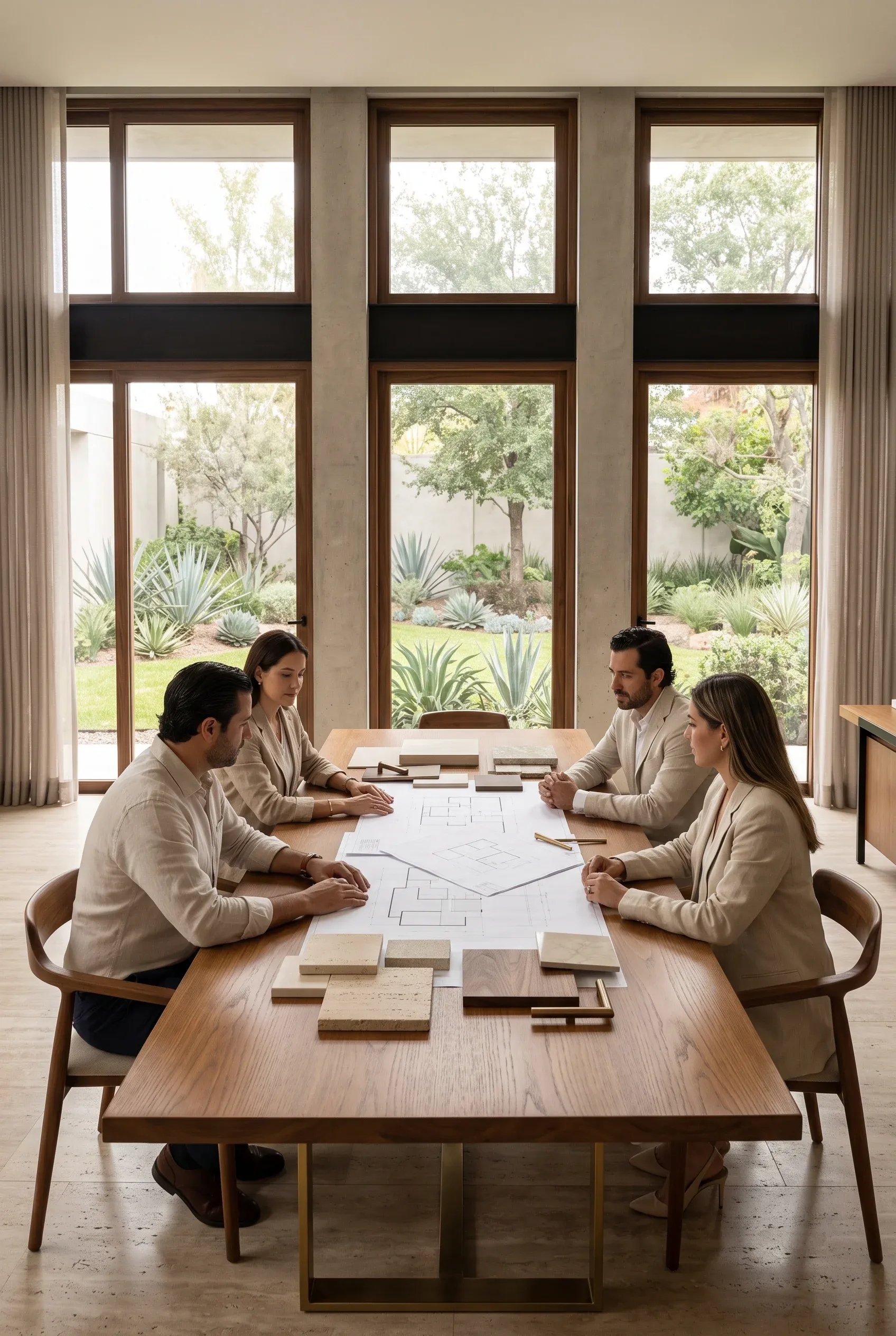 Vista de un equipo arquitectónico colaborando alrededor de una mesa de conferencia de madera con planos, azulejos de piedra, muestras de madera y accesorios de latón, representando la sinergia colaborativa y la curaduría de materiales de RBA Residences en Zapopan.