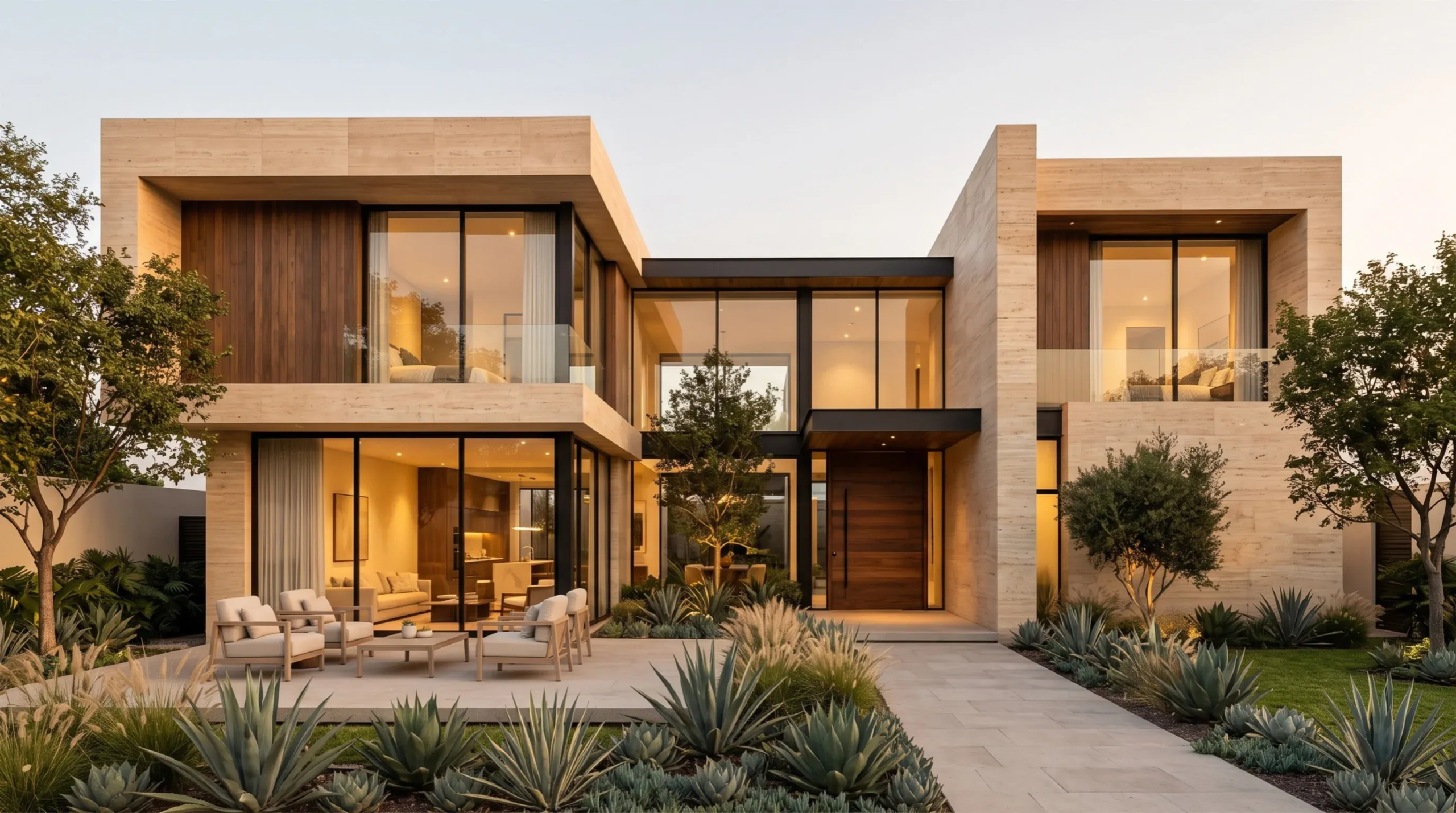 Vista de una fachada residencial moderna con revestimiento de piedra travertino, lambrines de madera, grandes ventanales de piso a techo y un eje de acceso central, representando la composición simétrica y la elegancia de llegada de RBA Residences en Zapopan.